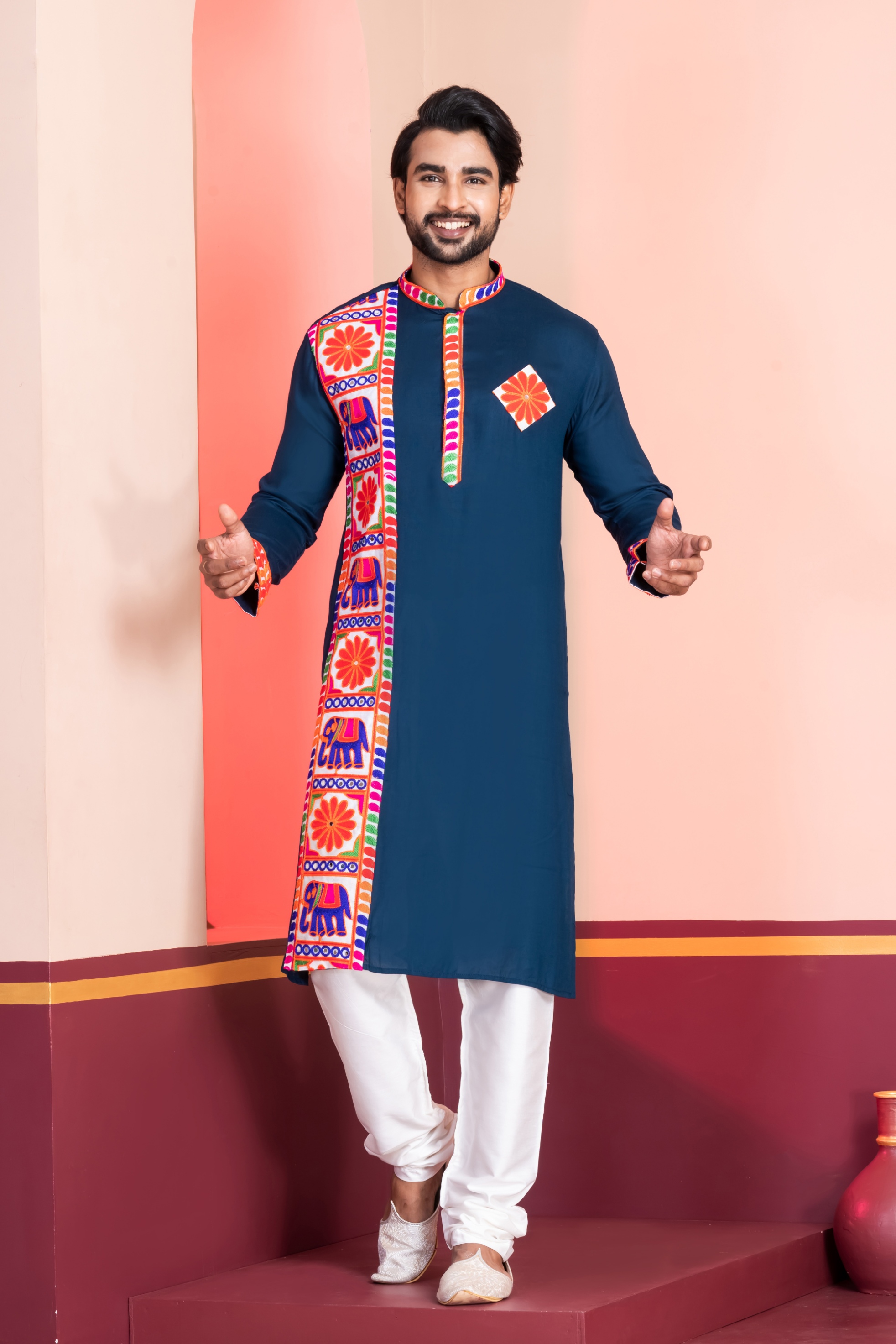 Teal Heritage Embroidered Rayon Kurta Pyjama