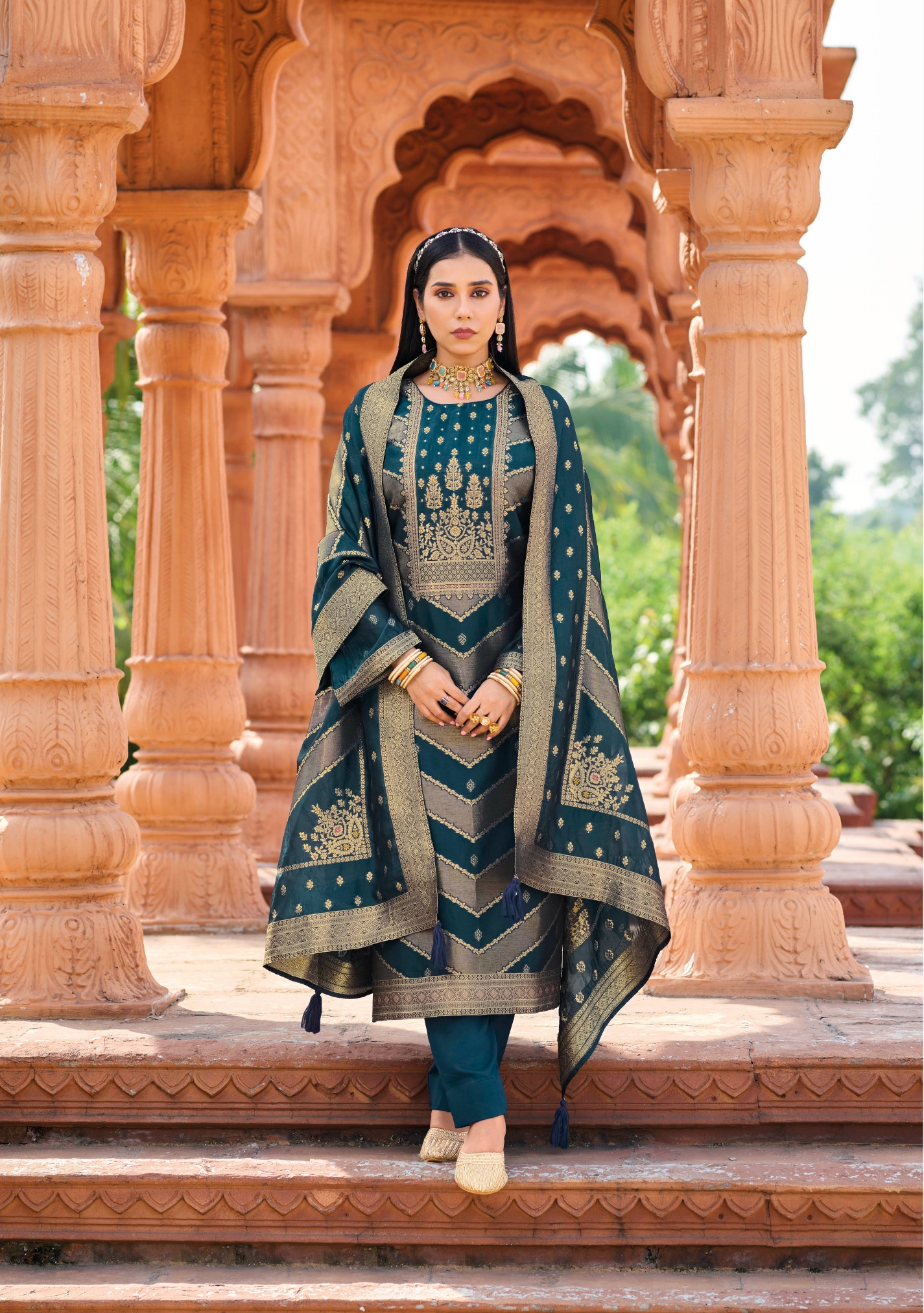Teal Jacquard Banglori Silk Salwar Suit