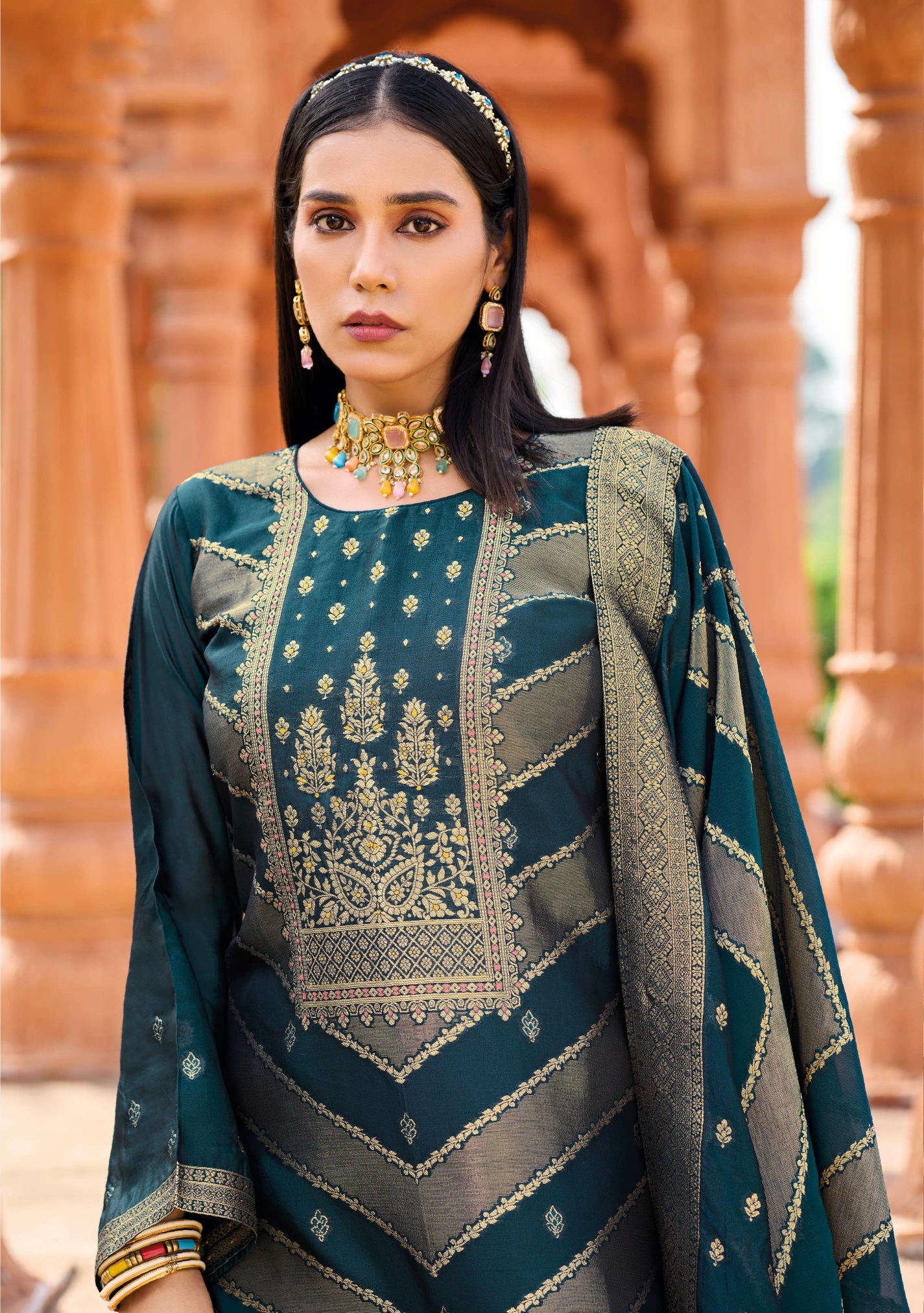 Teal Jacquard Banglori Silk Salwar Suit — alternate view