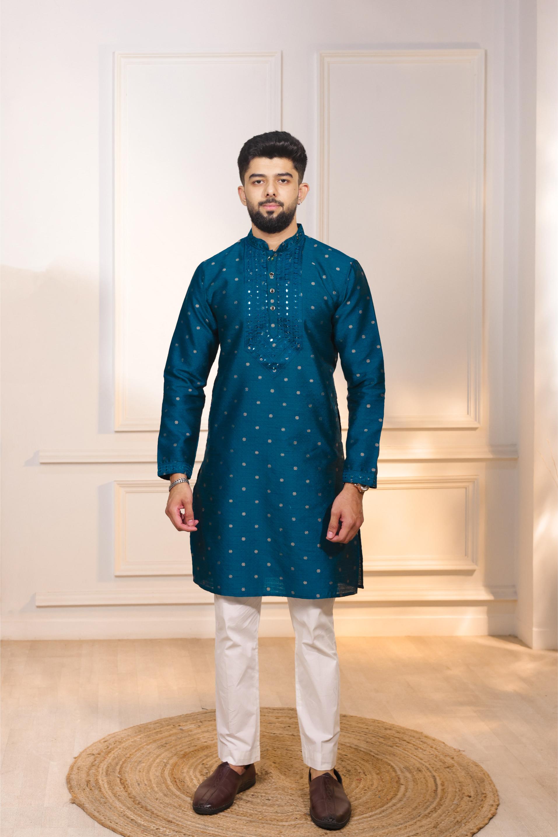 Teal Jacquard Silk Kurta Pyjama