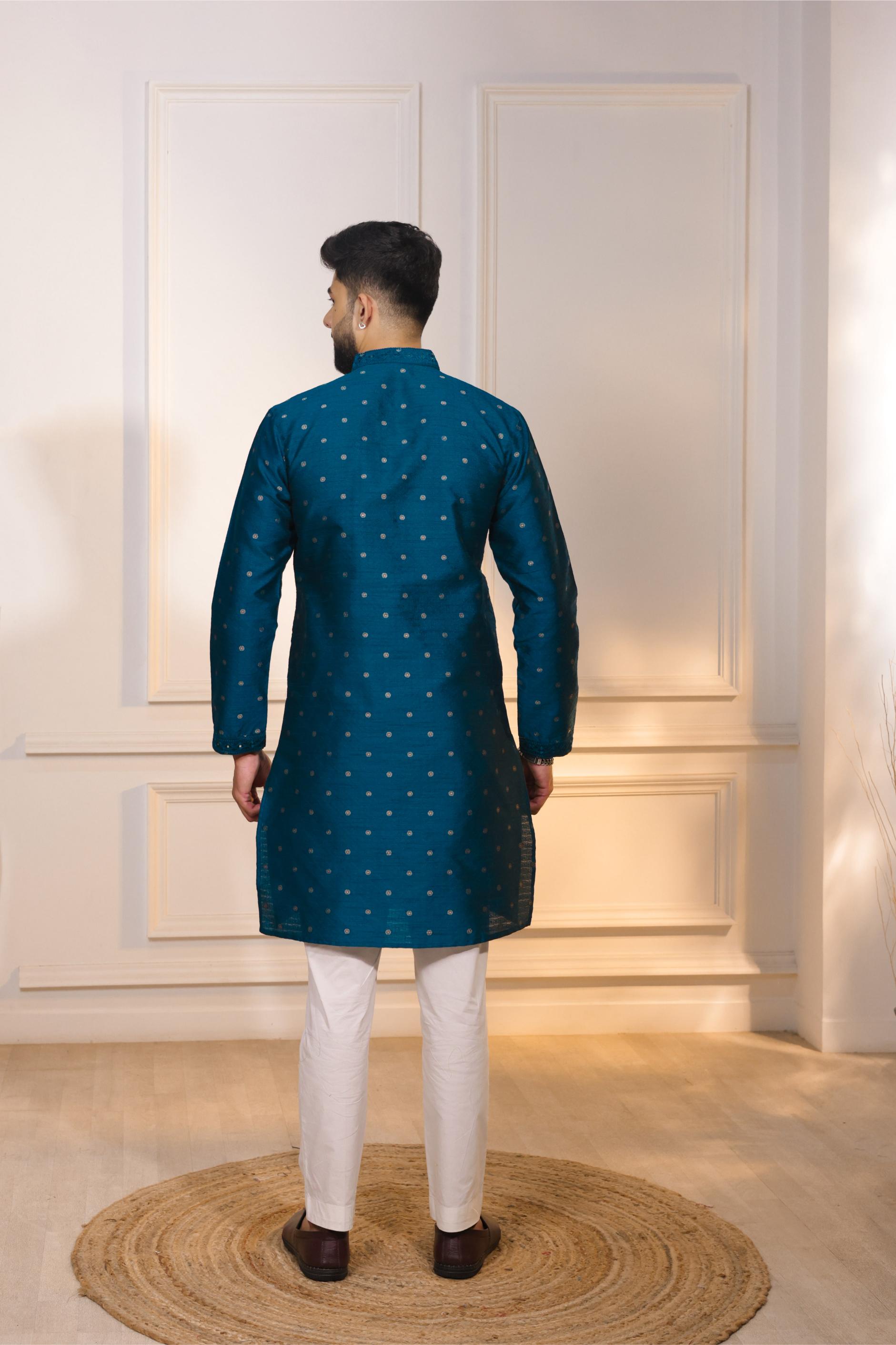 Teal Jacquard Silk Kurta Pyjama — alternate view