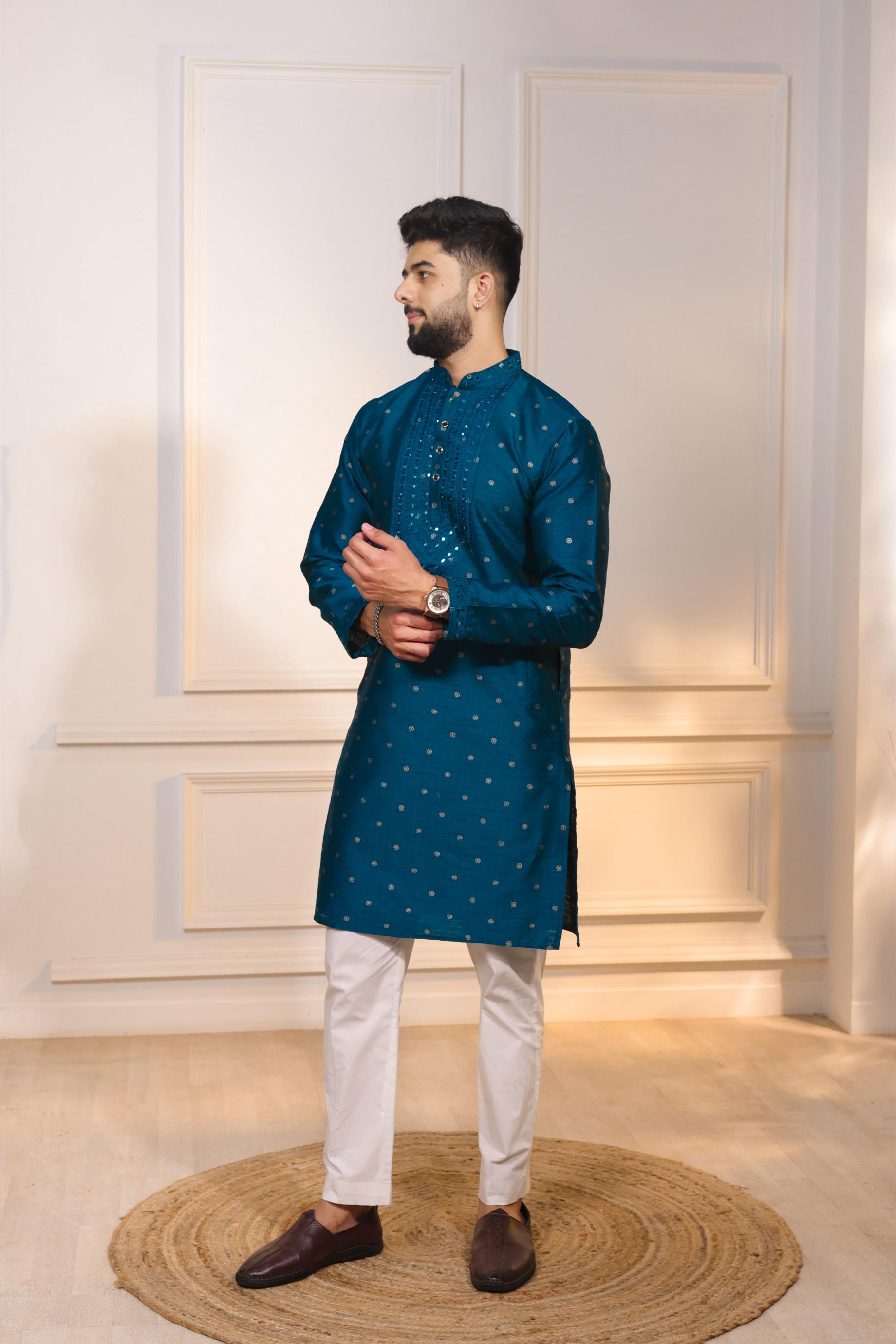 Teal Jacquard Silk Kurta Pyjama