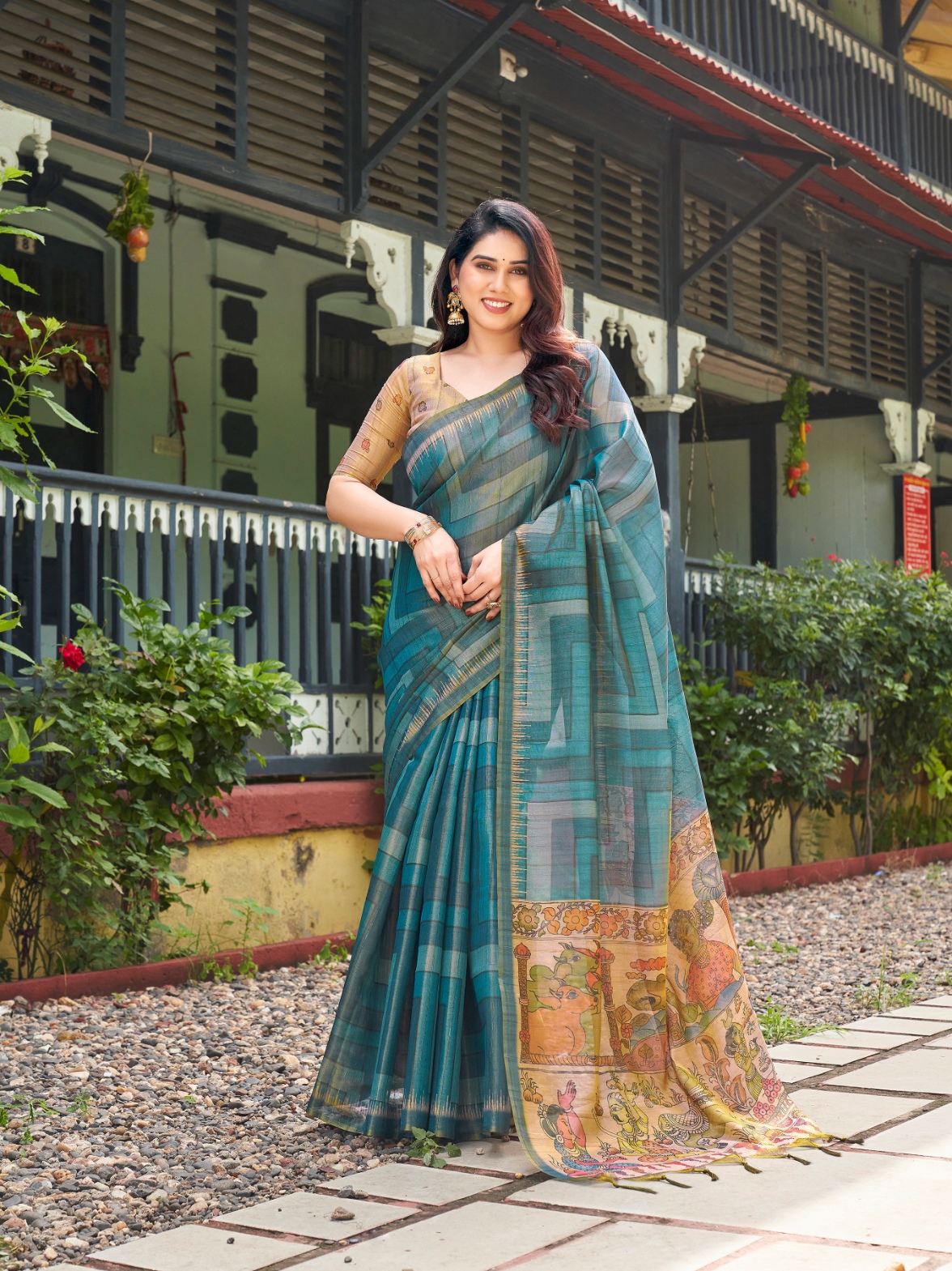 Teal Kalamkari Lahariya Tissue Silk Saree