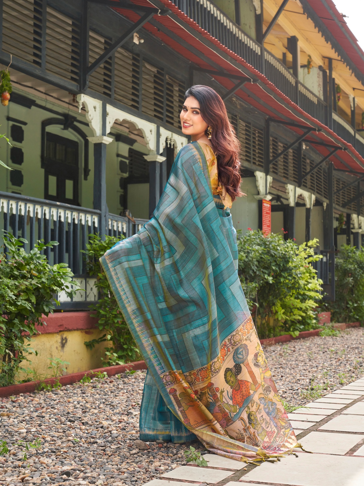 Teal Kalamkari Lahariya Tissue Silk Saree — alternate view
