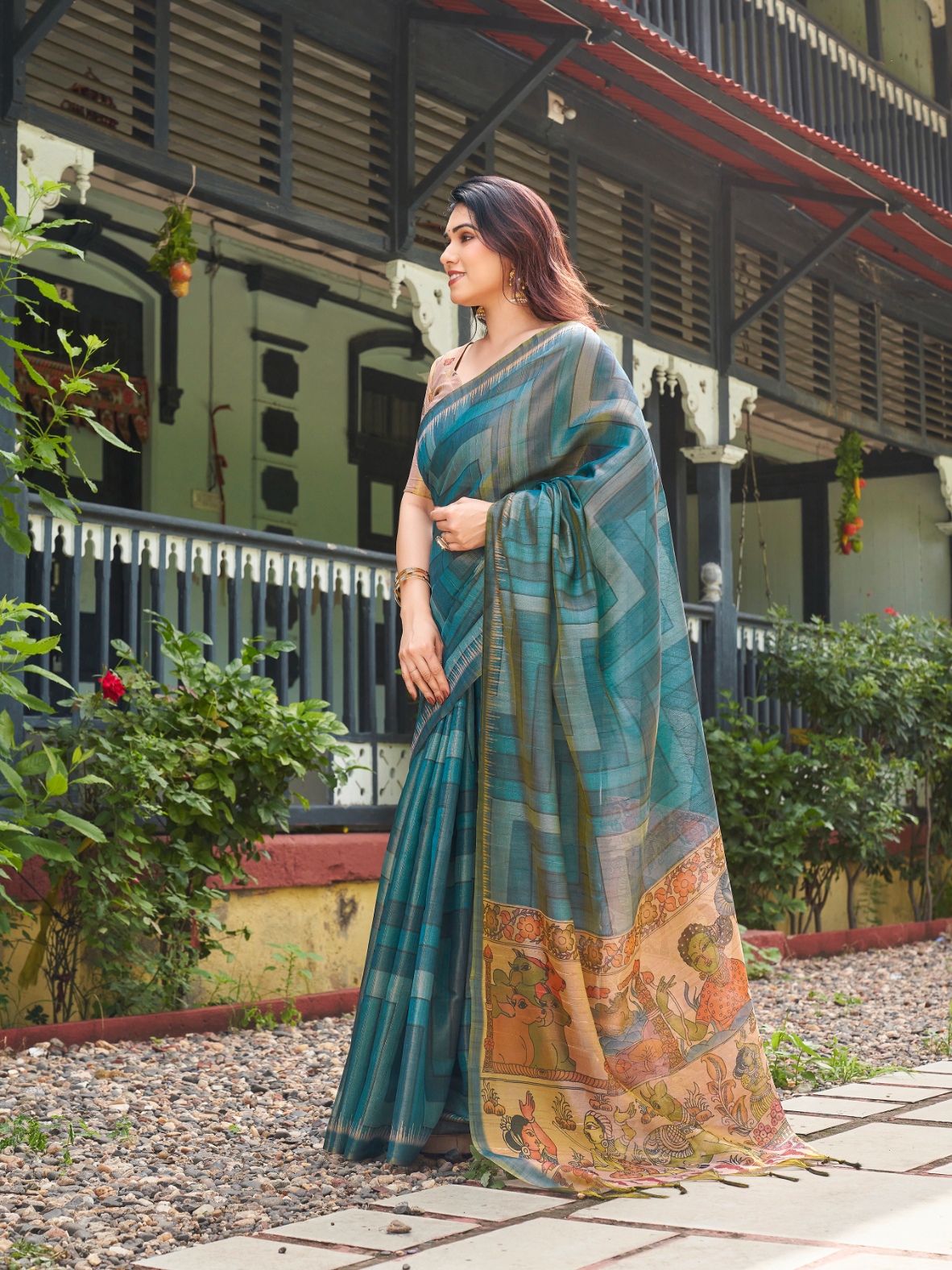 Teal Kalamkari Lahariya Tissue Silk Saree