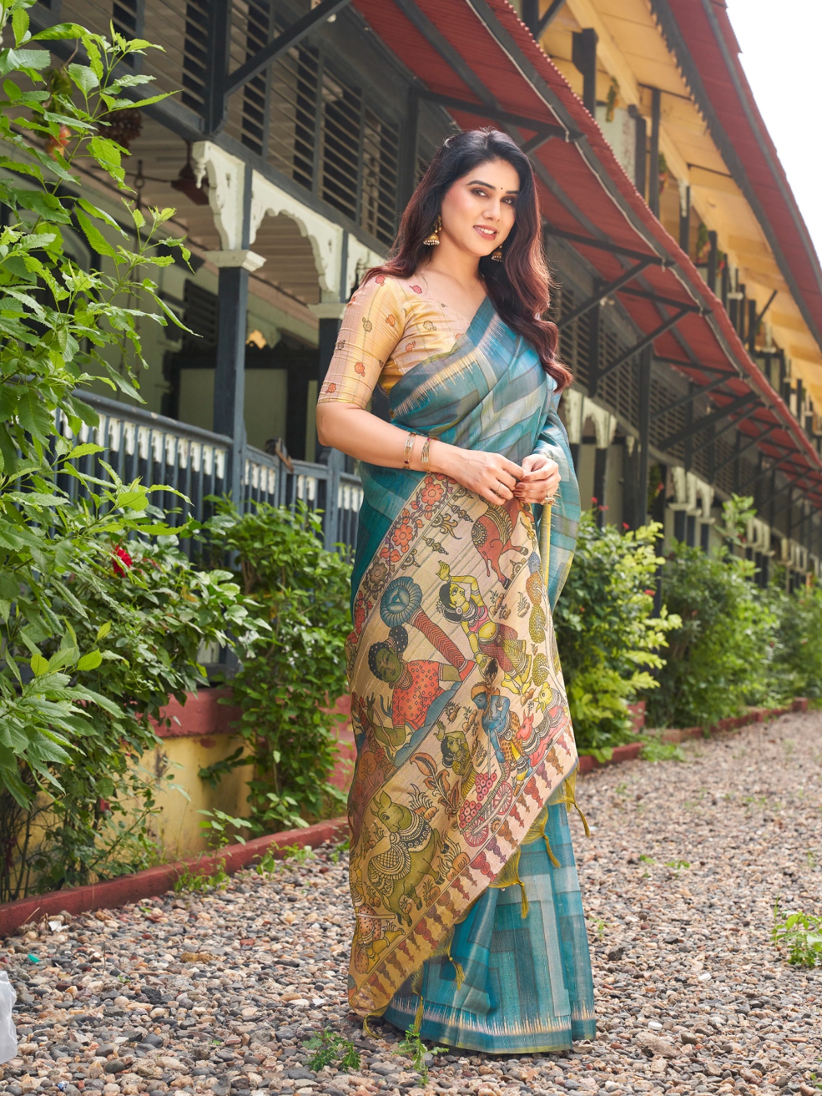 Teal Kalamkari Lahariya Tissue Silk Saree