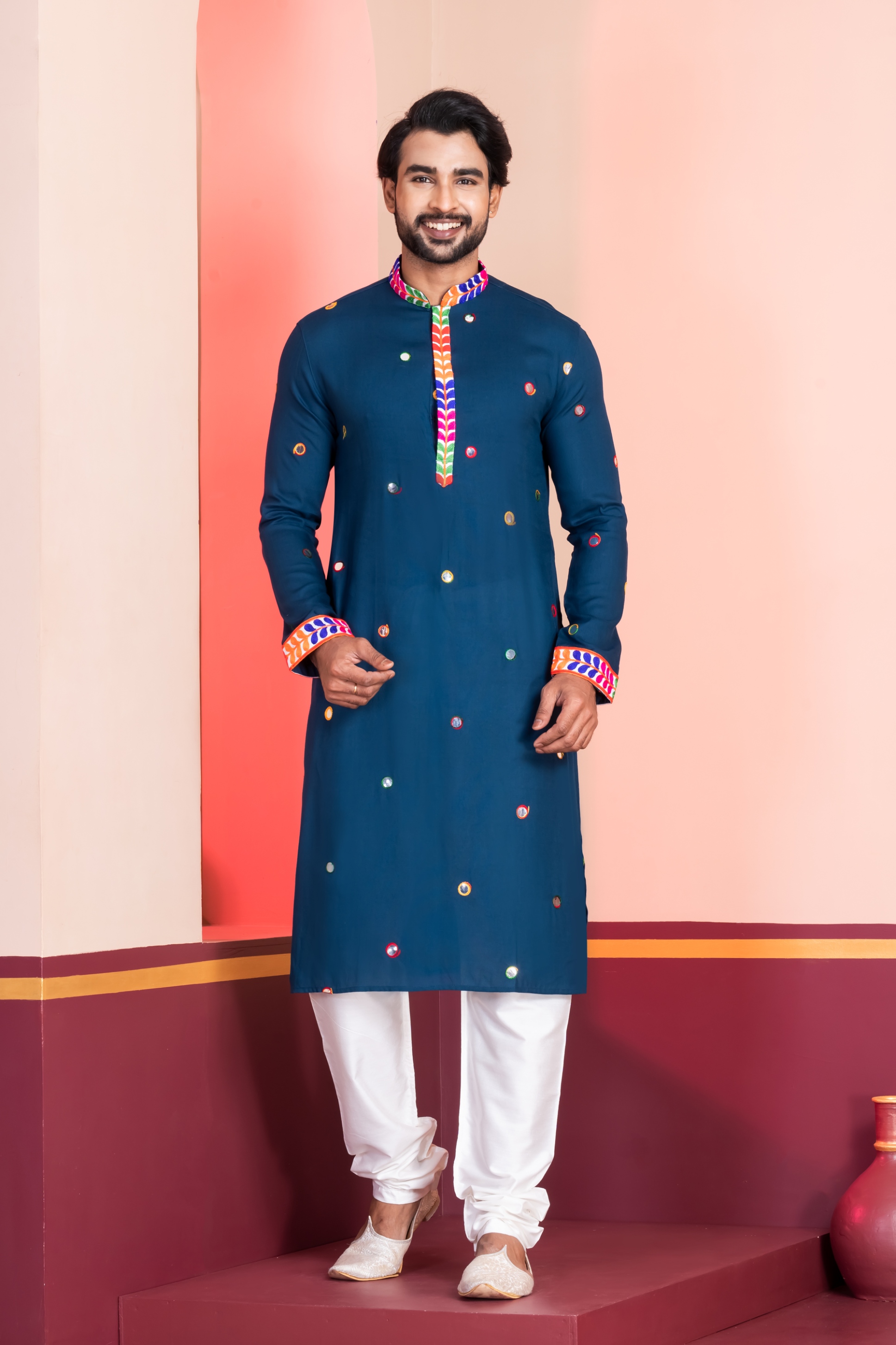 Teal Lace Embroidery Rayon Kurta Pyjama