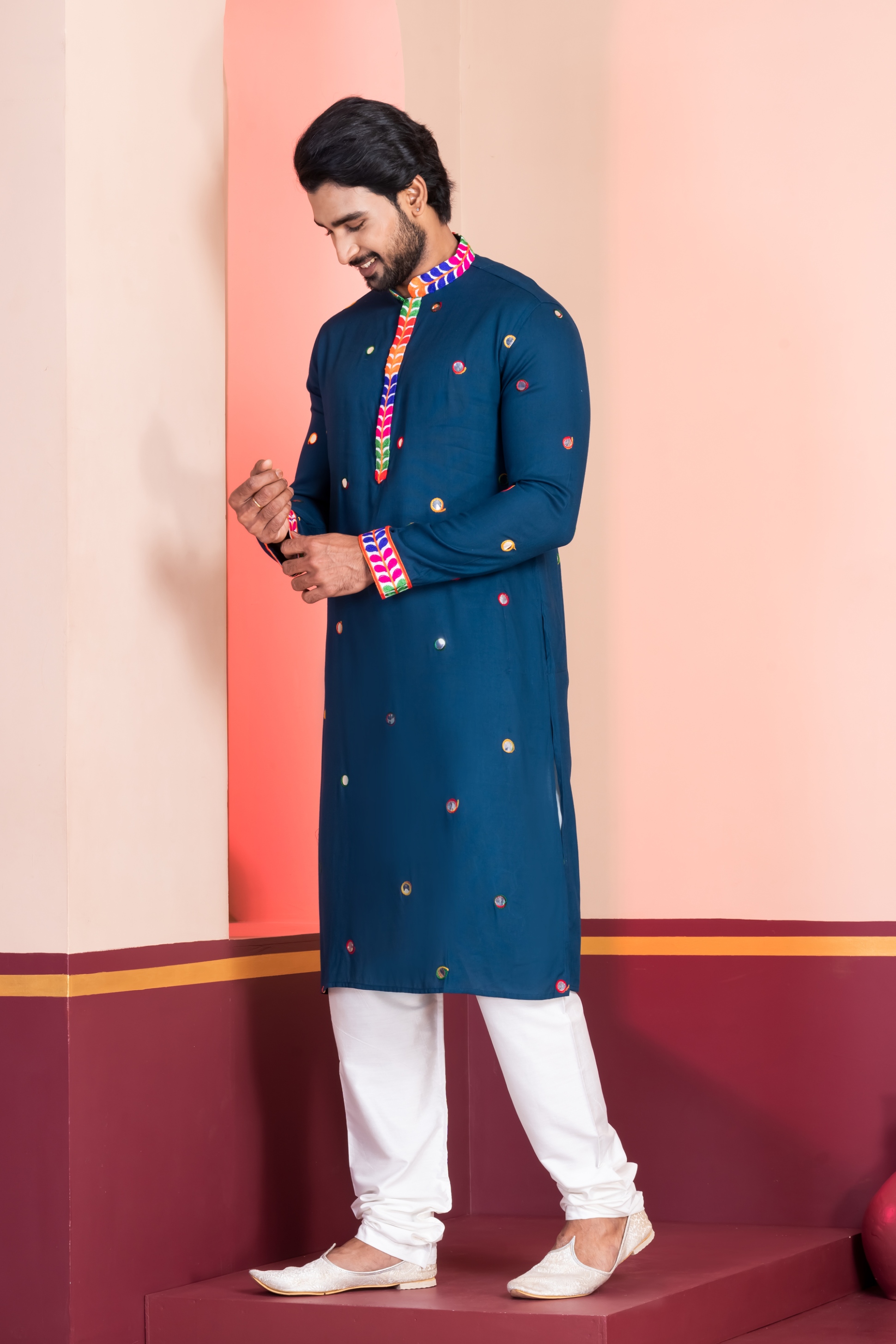 Teal Lace Embroidery Rayon Kurta Pyjama