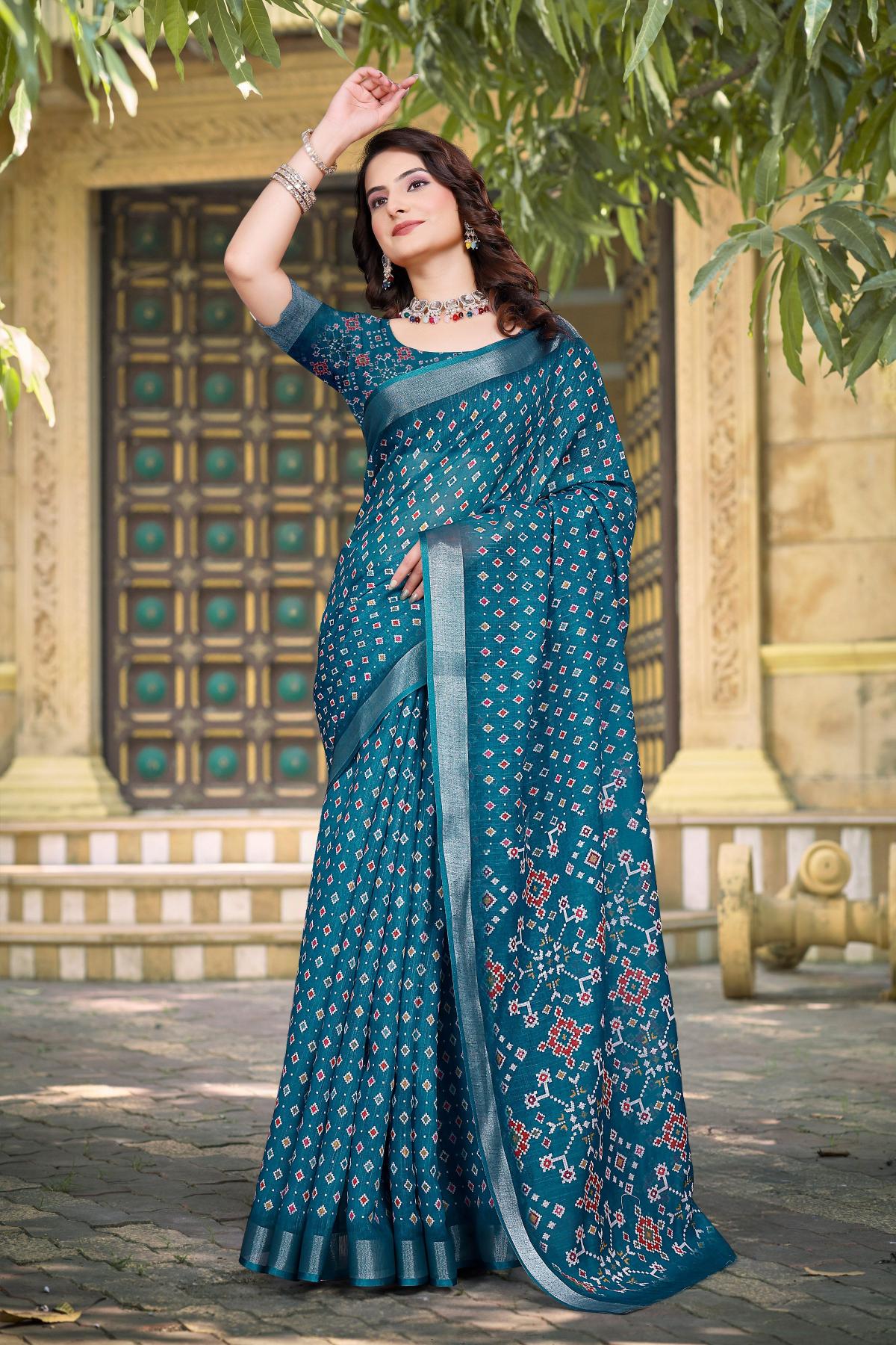 Teal Linen Cotton Saree