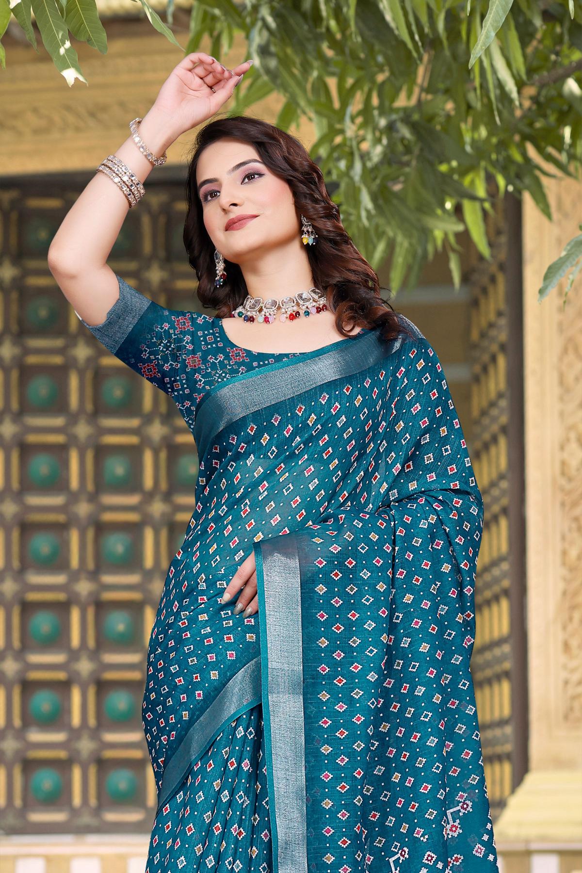 Teal Linen Cotton Saree — alternate view