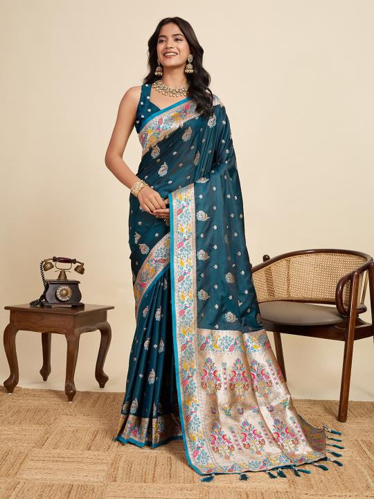 Teal Meenakari Satin Silk saree