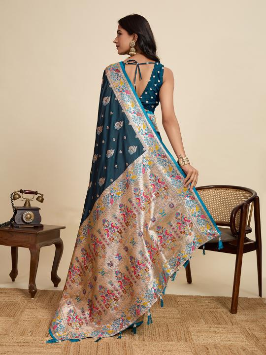 Teal Meenakari Satin Silk saree — alternate view