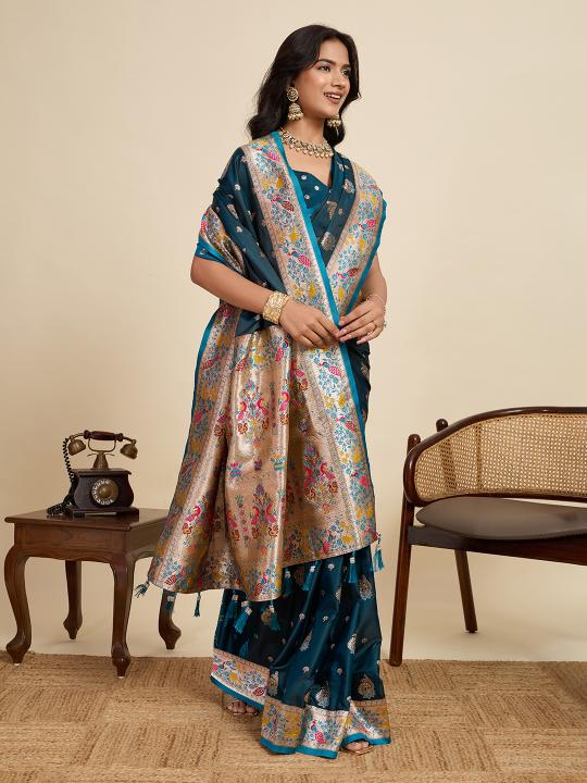 Teal Meenakari Satin Silk saree