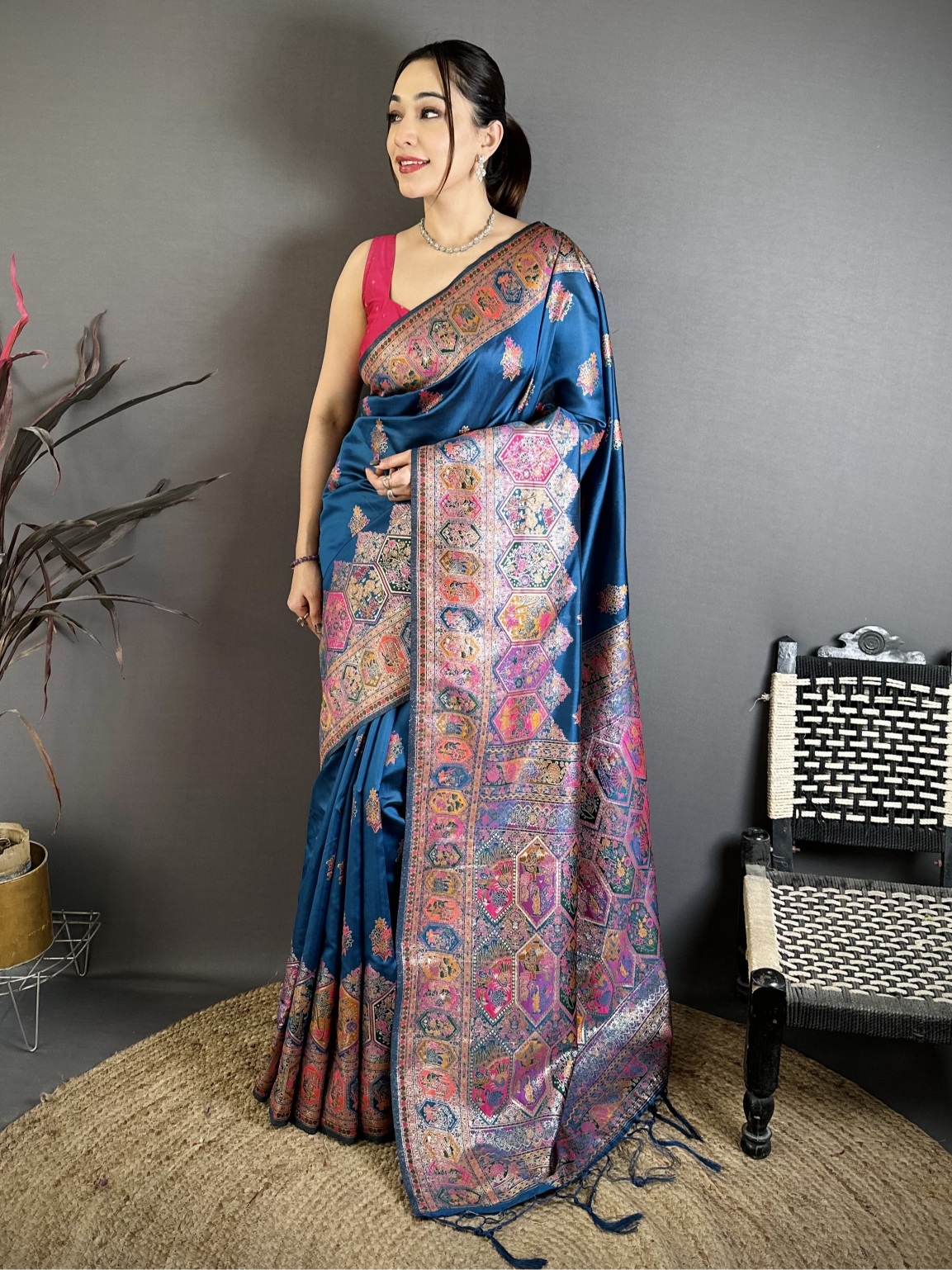 Teal Meenakari Woven Pashmina Silk Saree