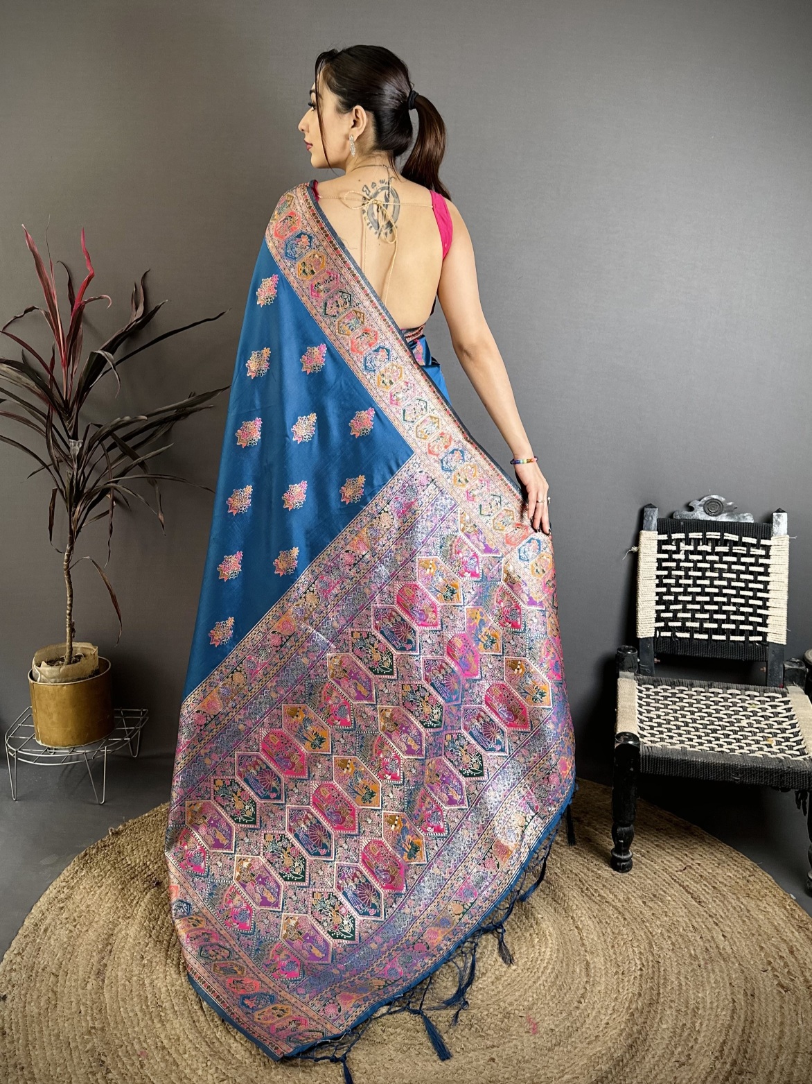 Teal Meenakari Woven Pashmina Silk Saree — alternate view