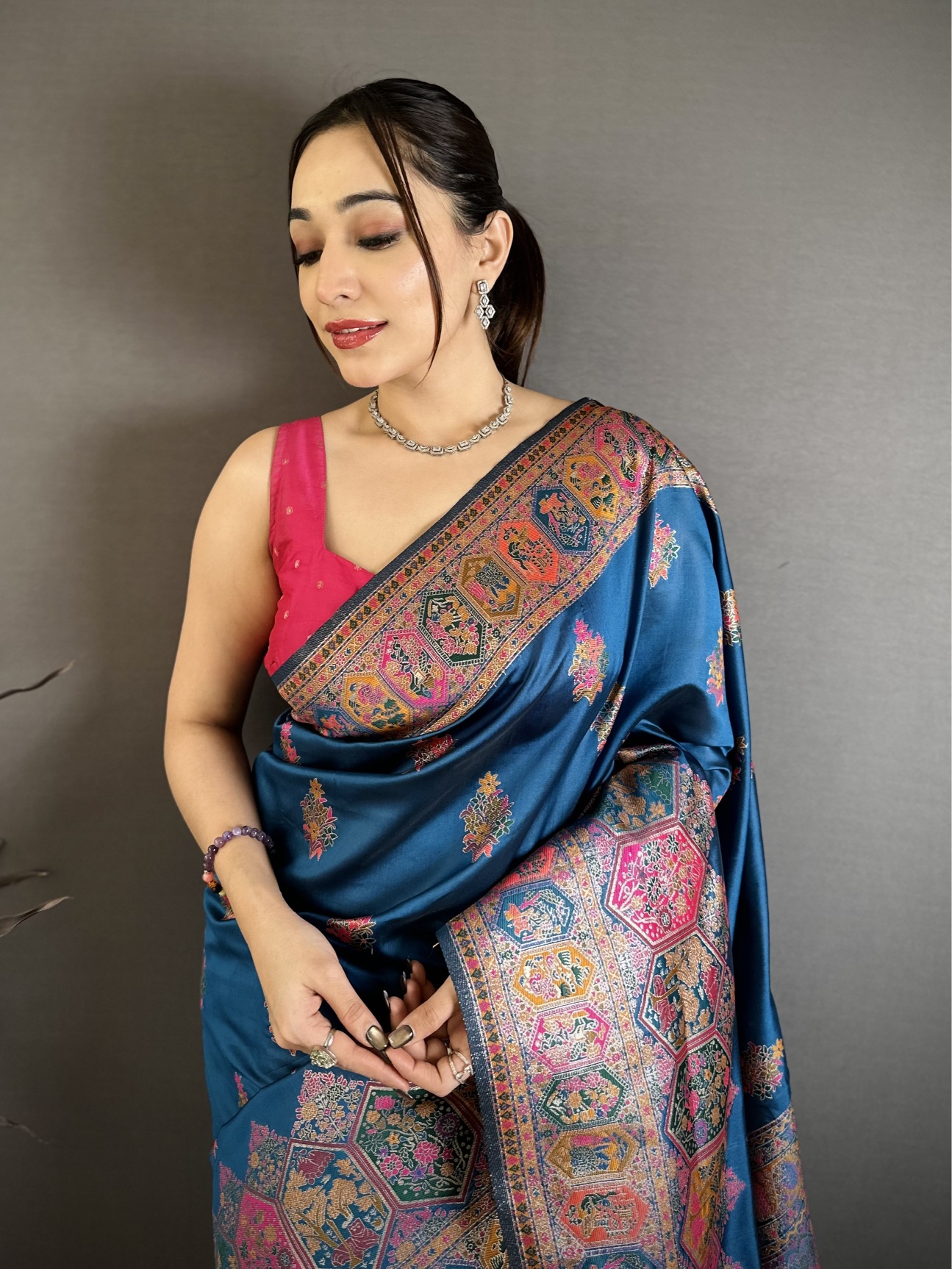 Teal Meenakari Woven Pashmina Silk Saree