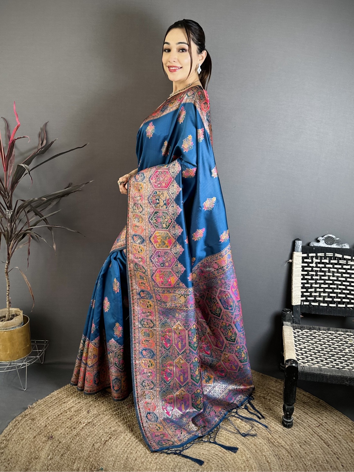 Teal Meenakari Woven Pashmina Silk Saree