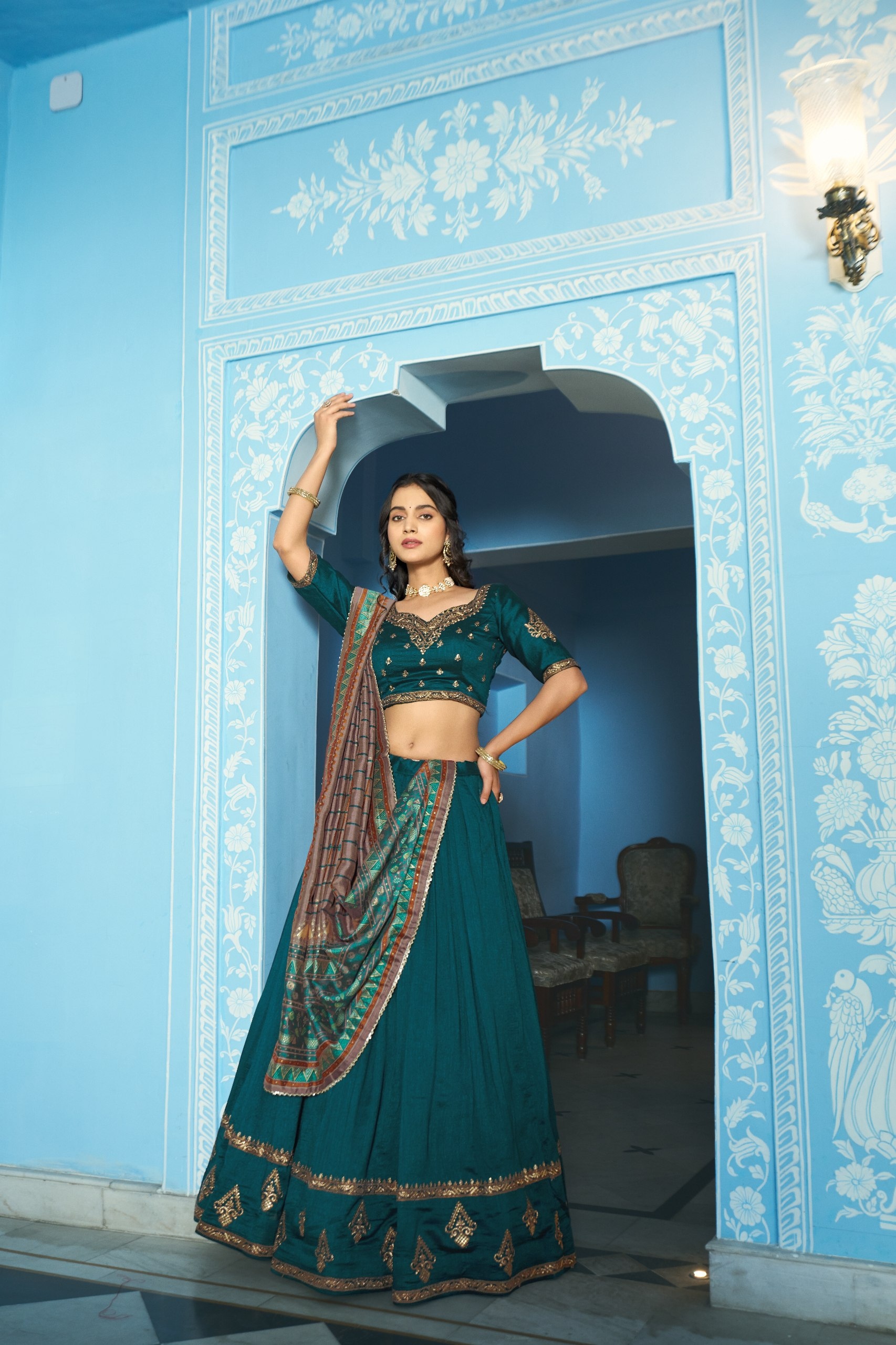 Teal Mughal Embroidered Vichitra Silk Lehenga Choli