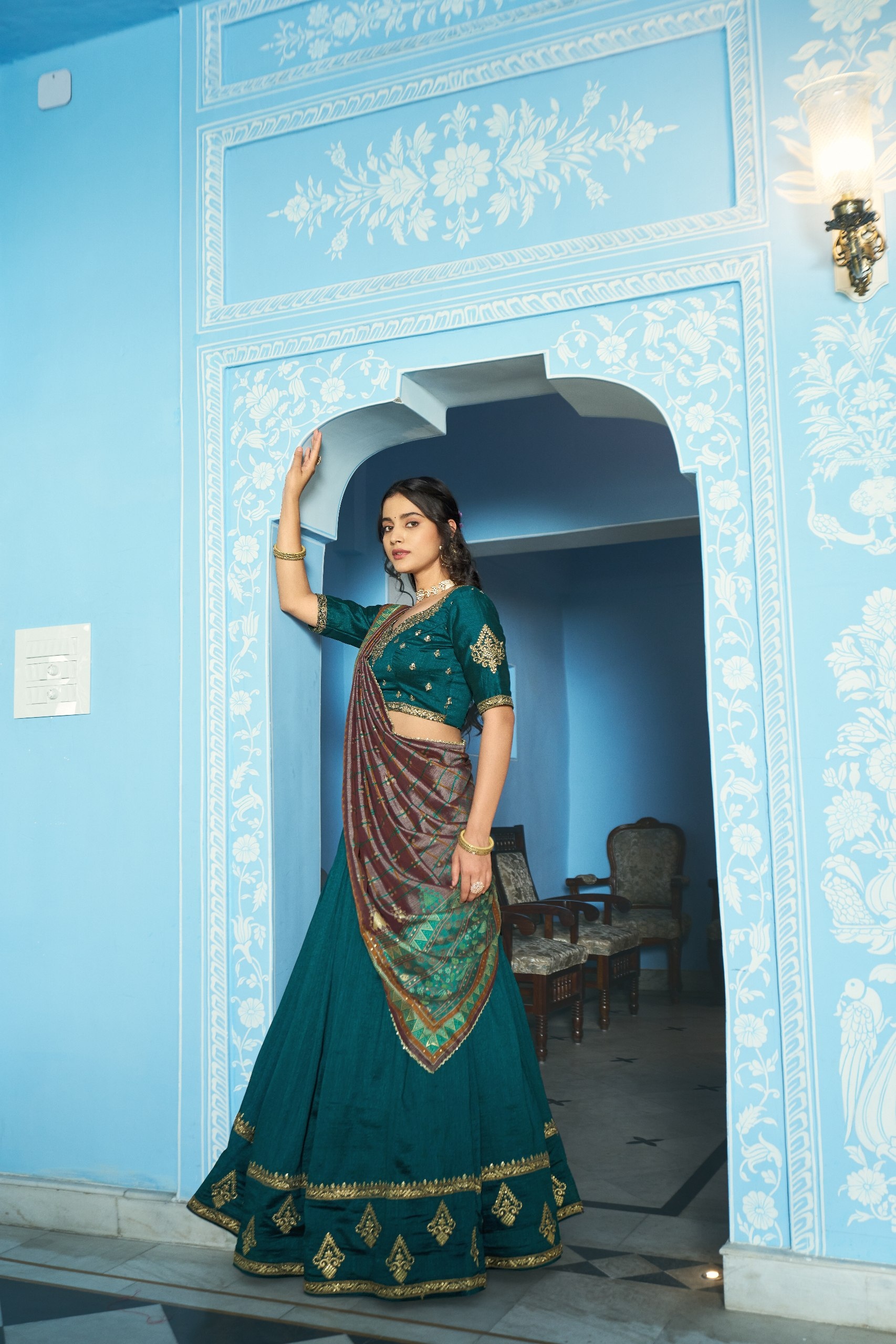 Teal Mughal Embroidered Vichitra Silk Lehenga Choli