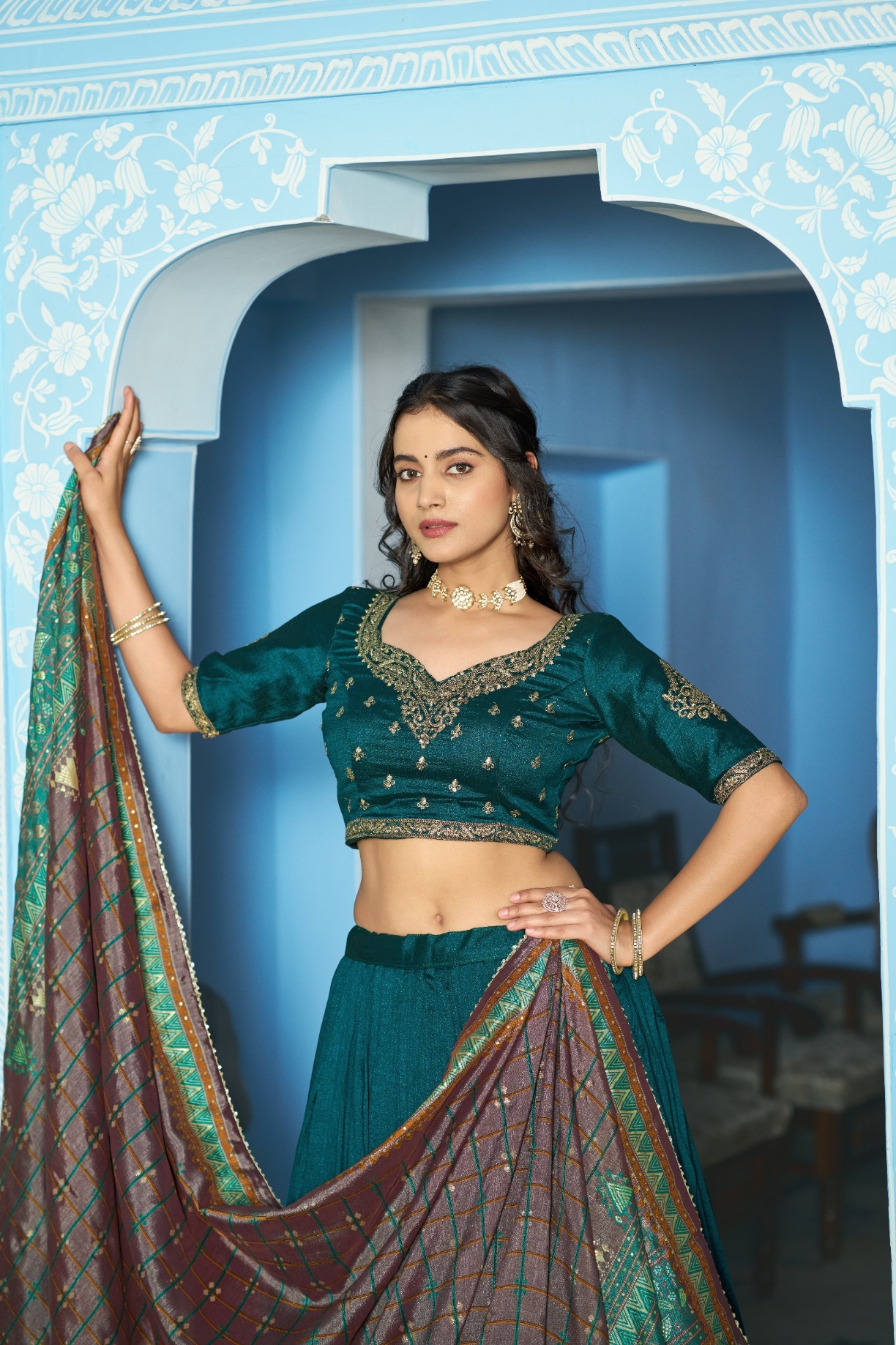 Teal Mughal Embroidered Vichitra Silk Lehenga Choli