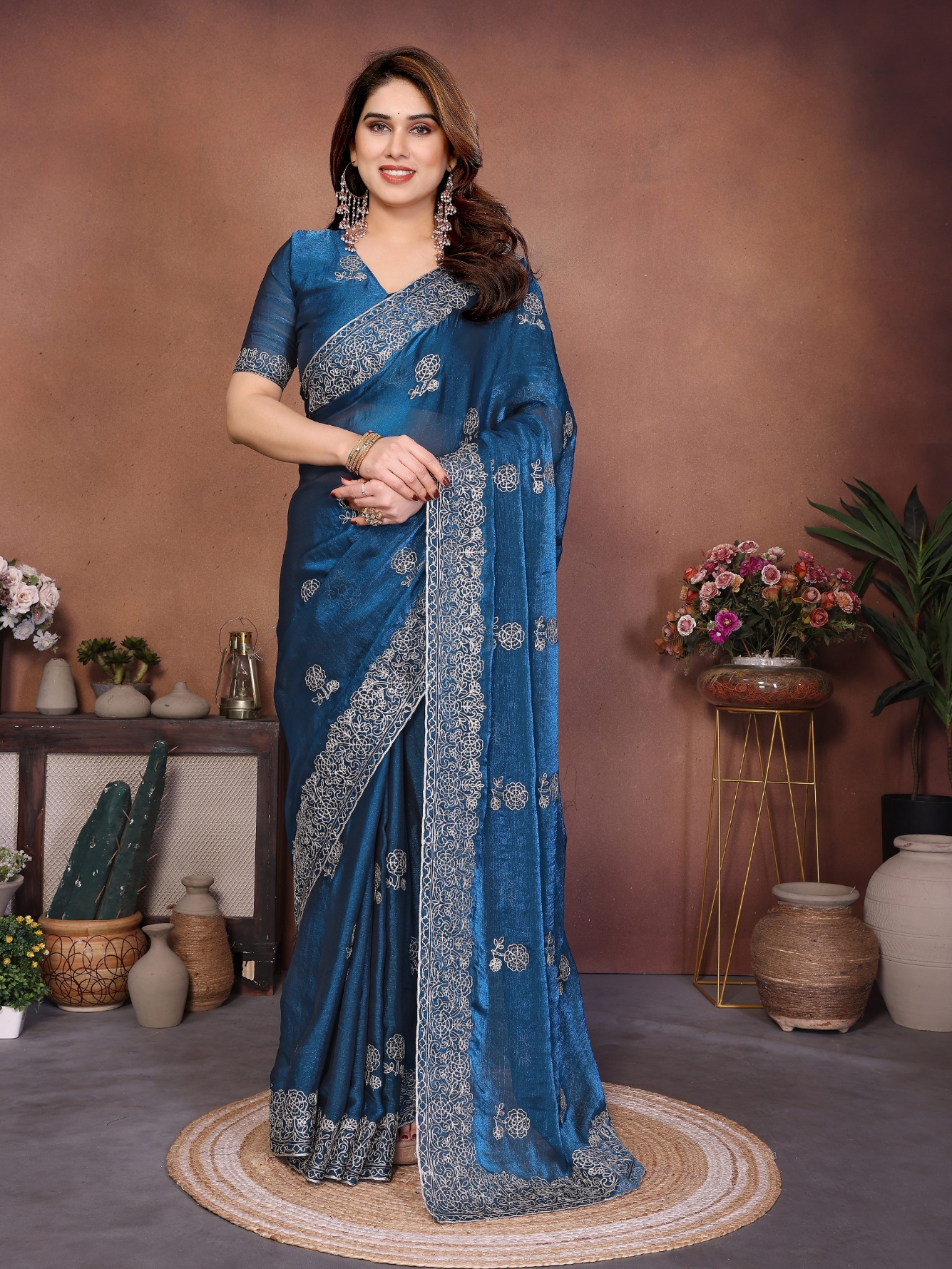 Teal Mughal Embroidery Fendy Chiffon Silk Saree