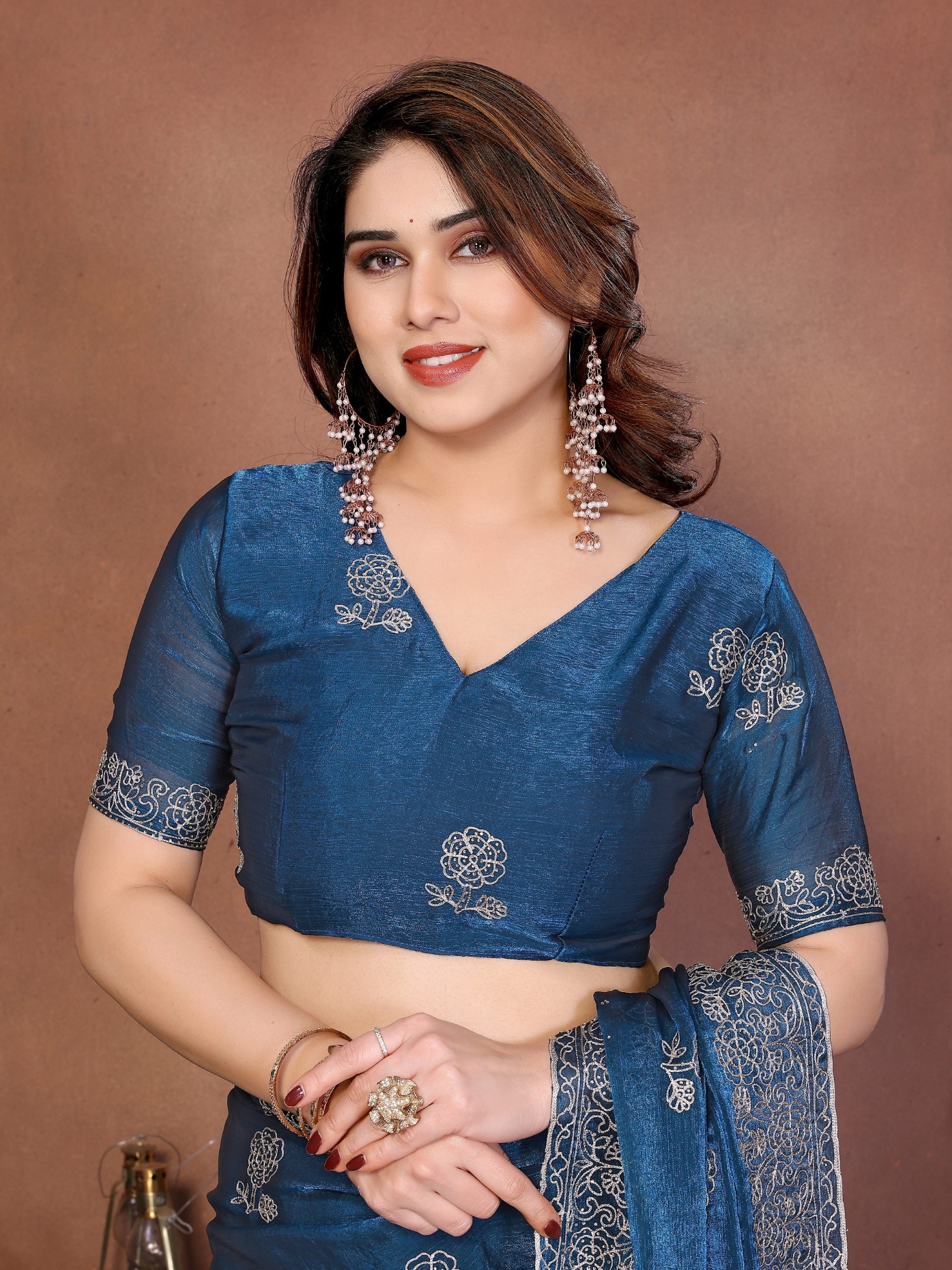 Teal Mughal Embroidery Fendy Chiffon Silk Saree