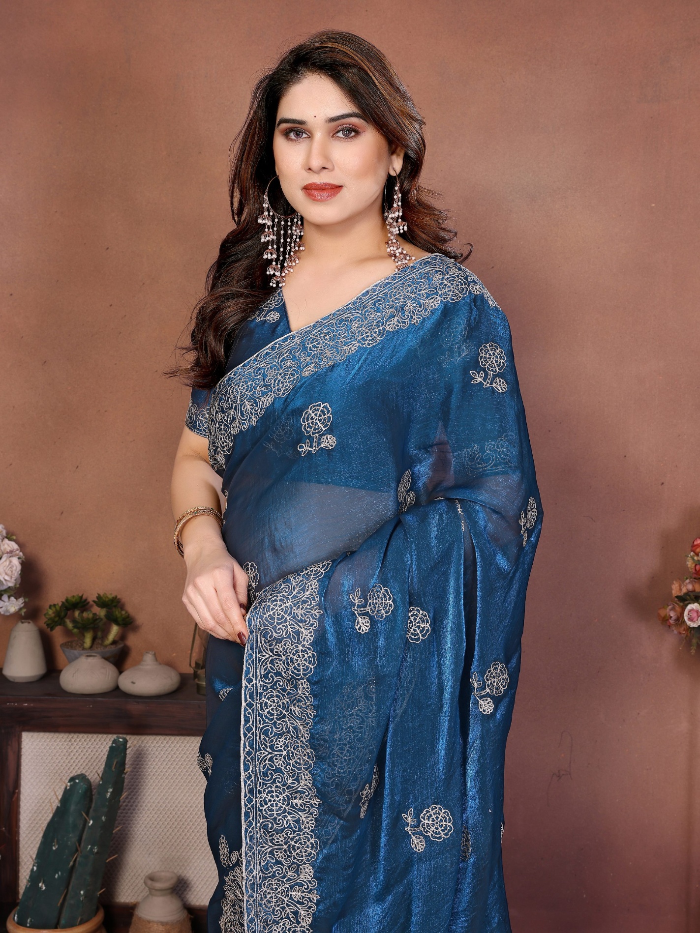 Teal Mughal Embroidery Fendy Chiffon Silk Saree