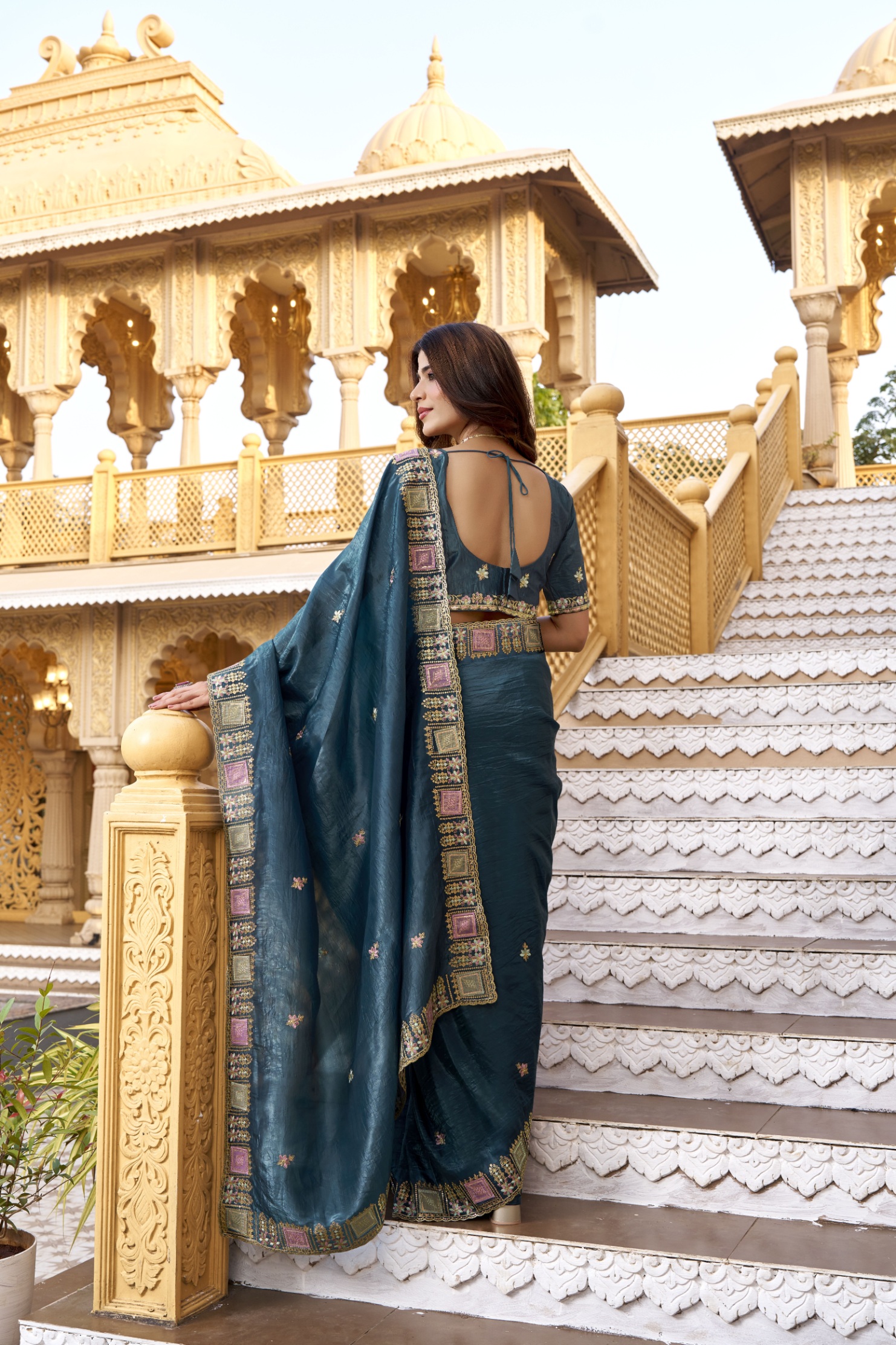 Teal Multi Thread Embroidered Gold Crunchy Silk Saree — alternate view