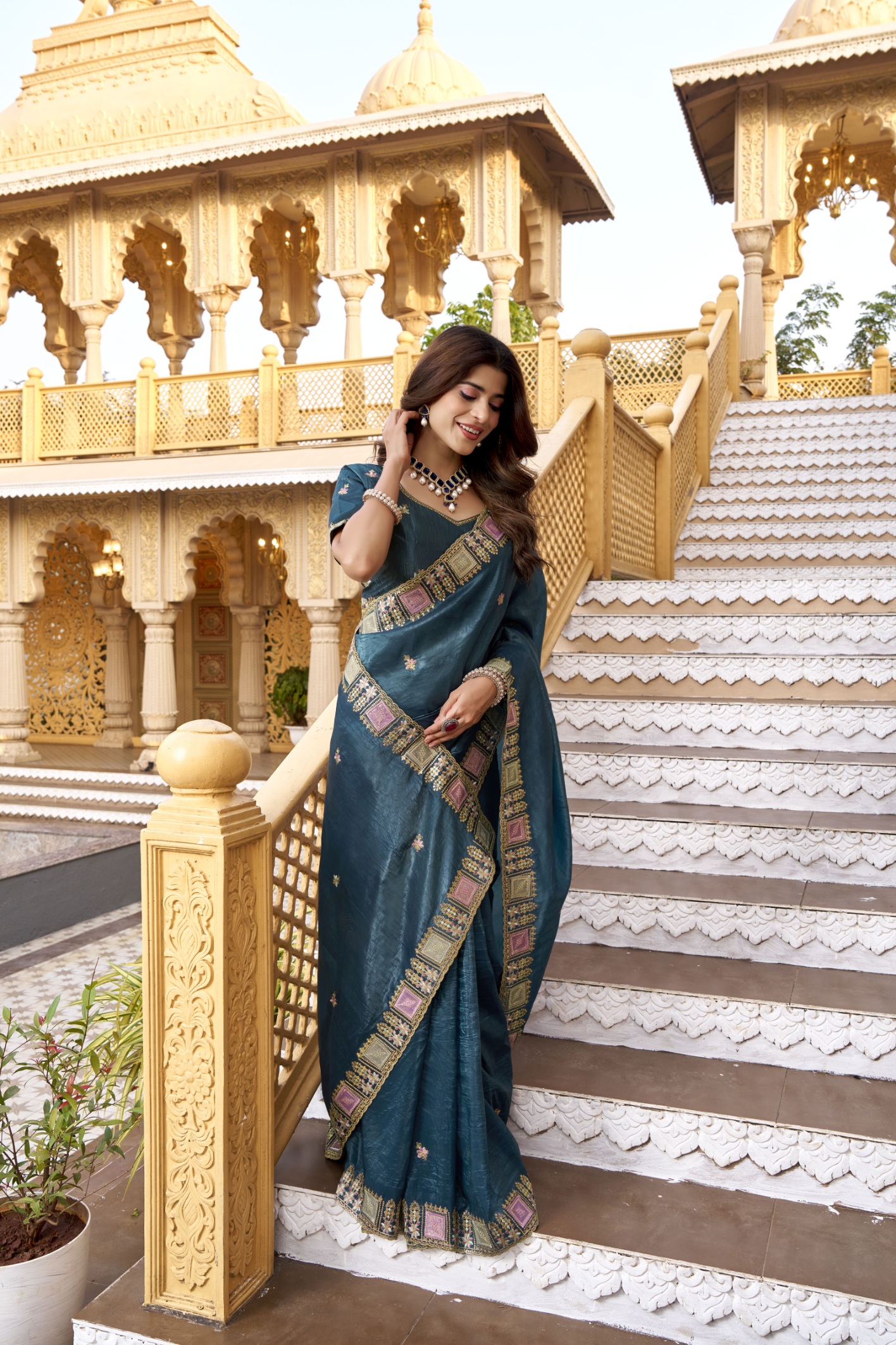 Teal Multi Thread Embroidered Gold Crunchy Silk Saree