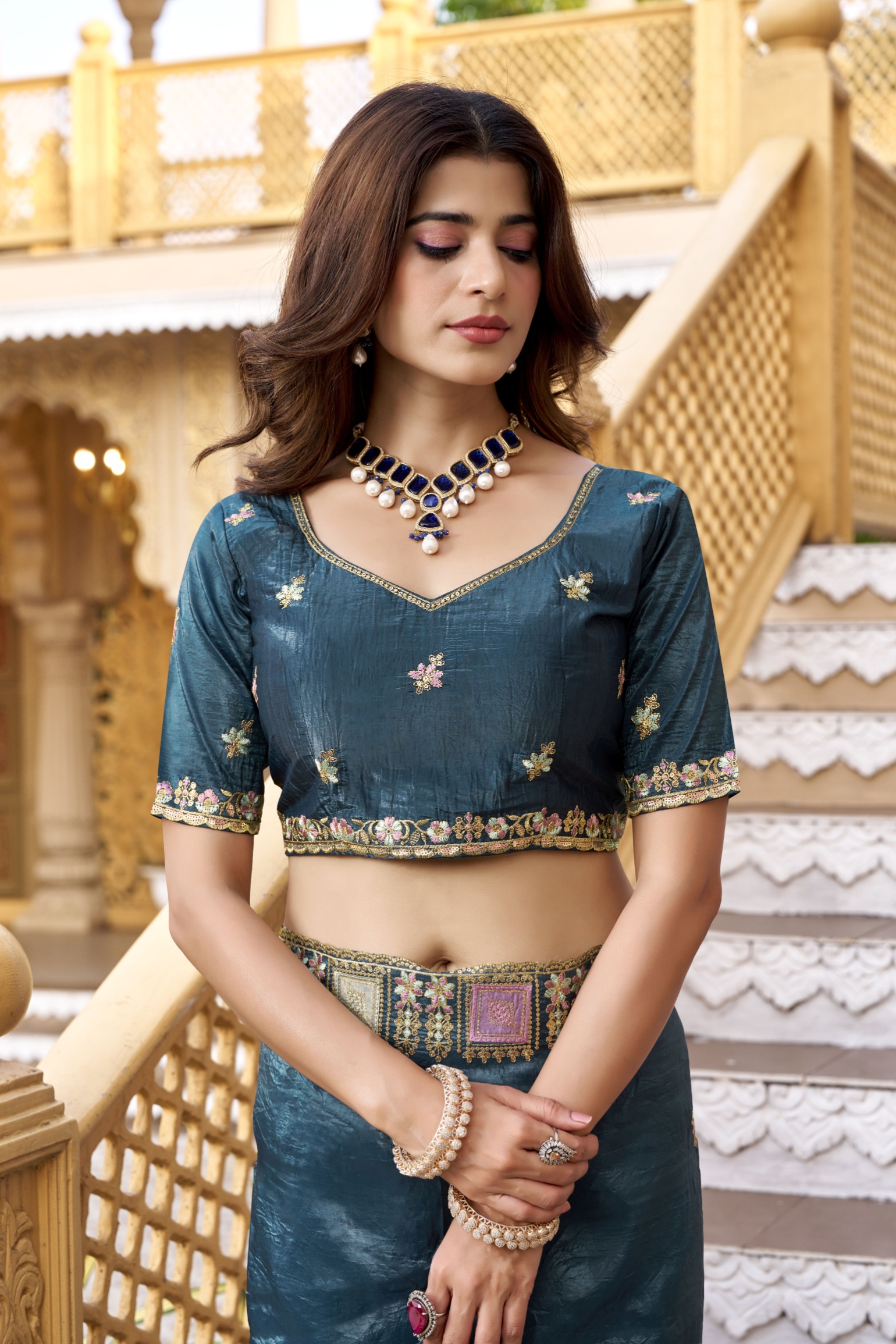 Teal Multi Thread Embroidered Gold Crunchy Silk Saree