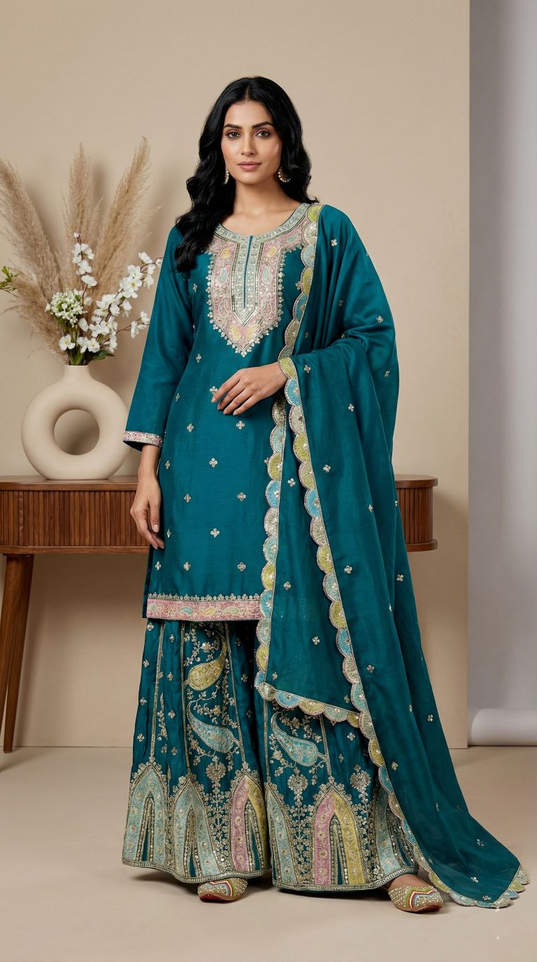 Teal Multi-Thread Embroidered Heavy Chinon Silk Sharara Suit