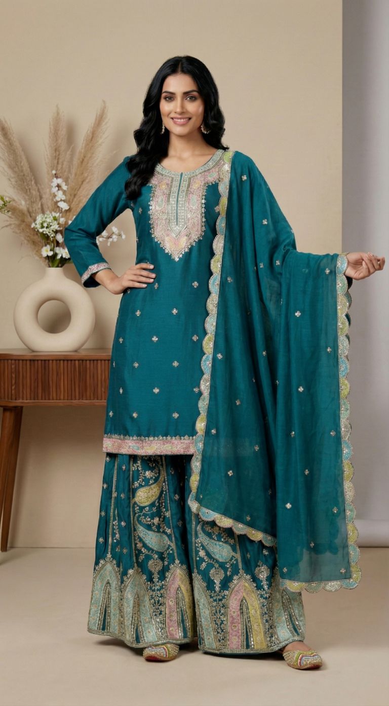 Teal Multi-Thread Embroidered Heavy Chinon Silk Sharara Suit — alternate view