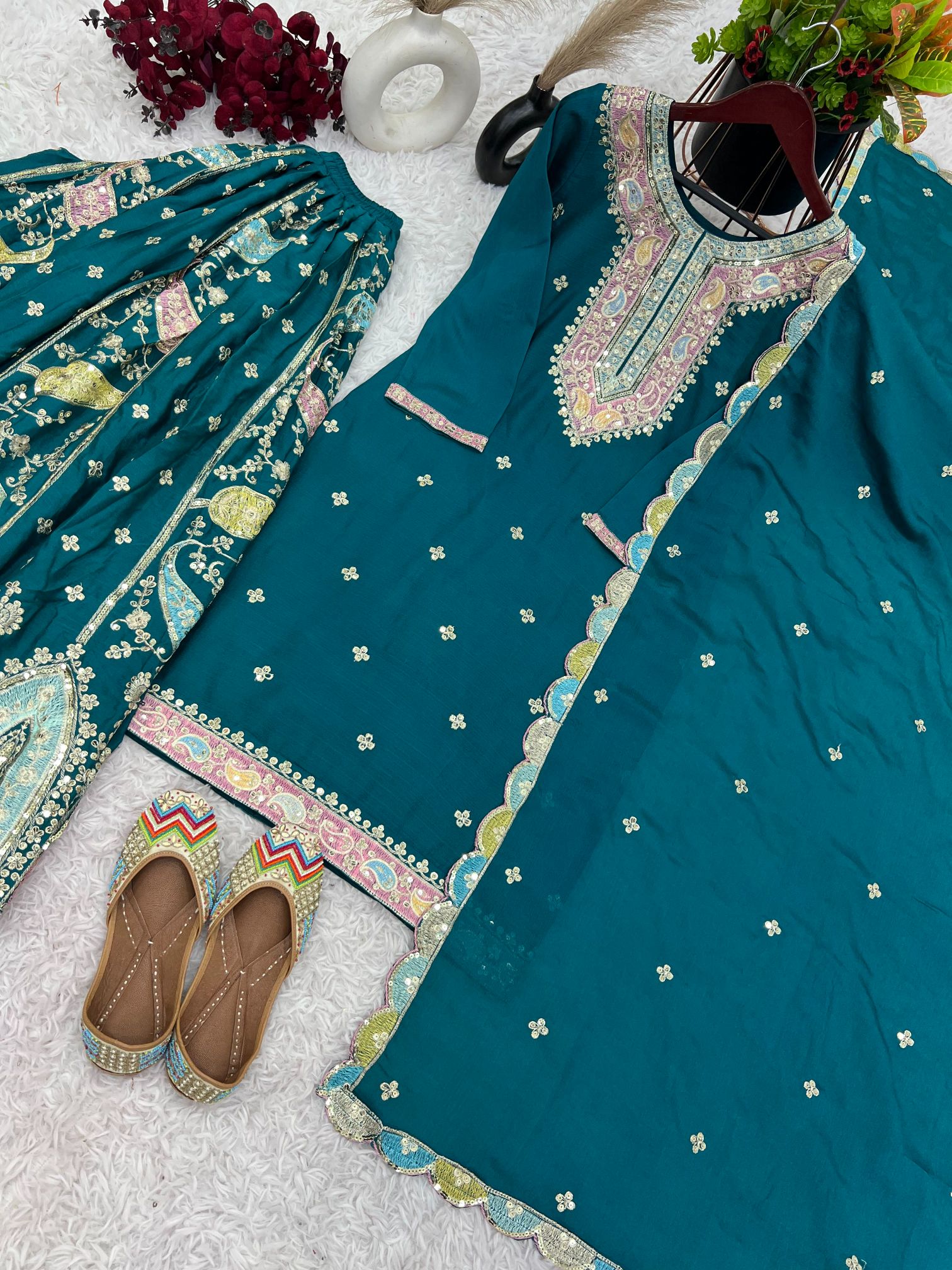 Teal Multi-Thread Embroidered Heavy Chinon Silk Sharara Suit