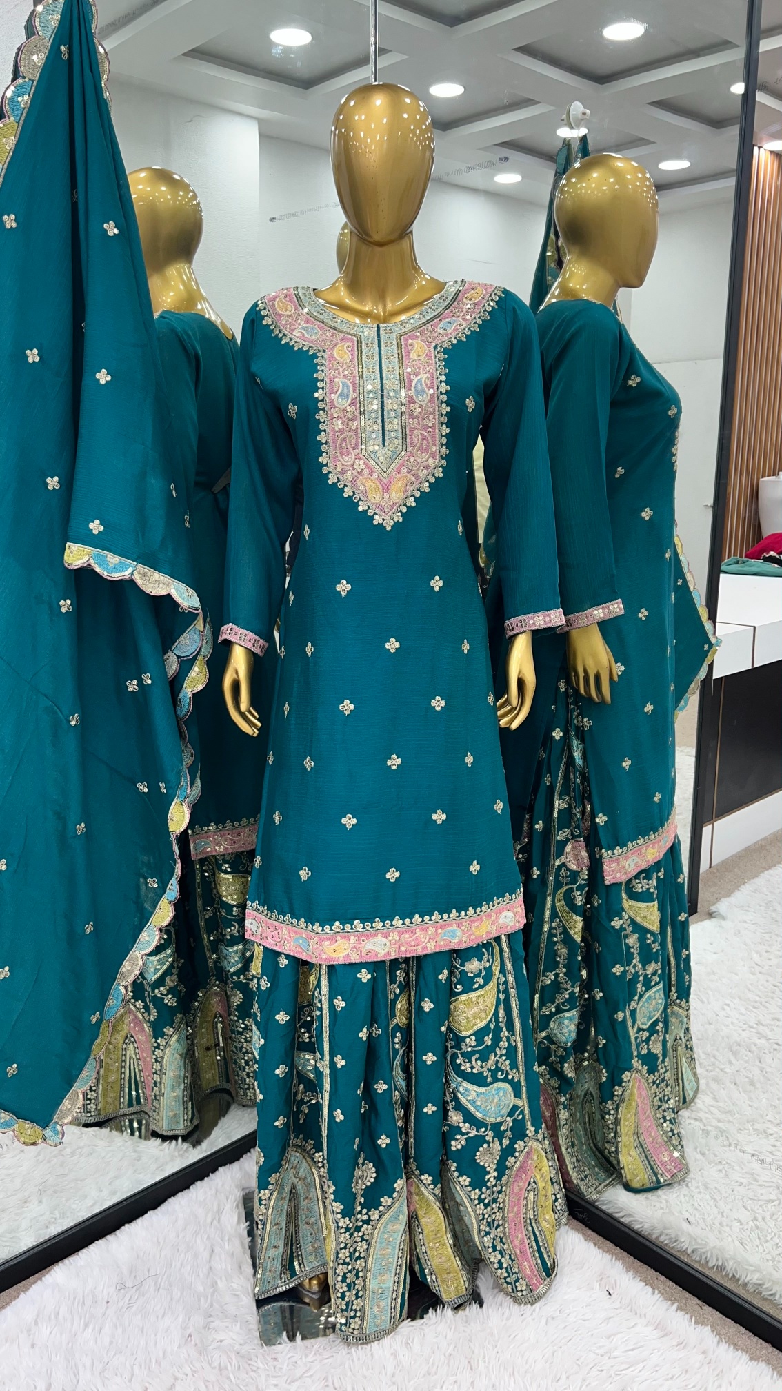 Teal Multi-Thread Embroidered Heavy Chinon Silk Sharara Suit