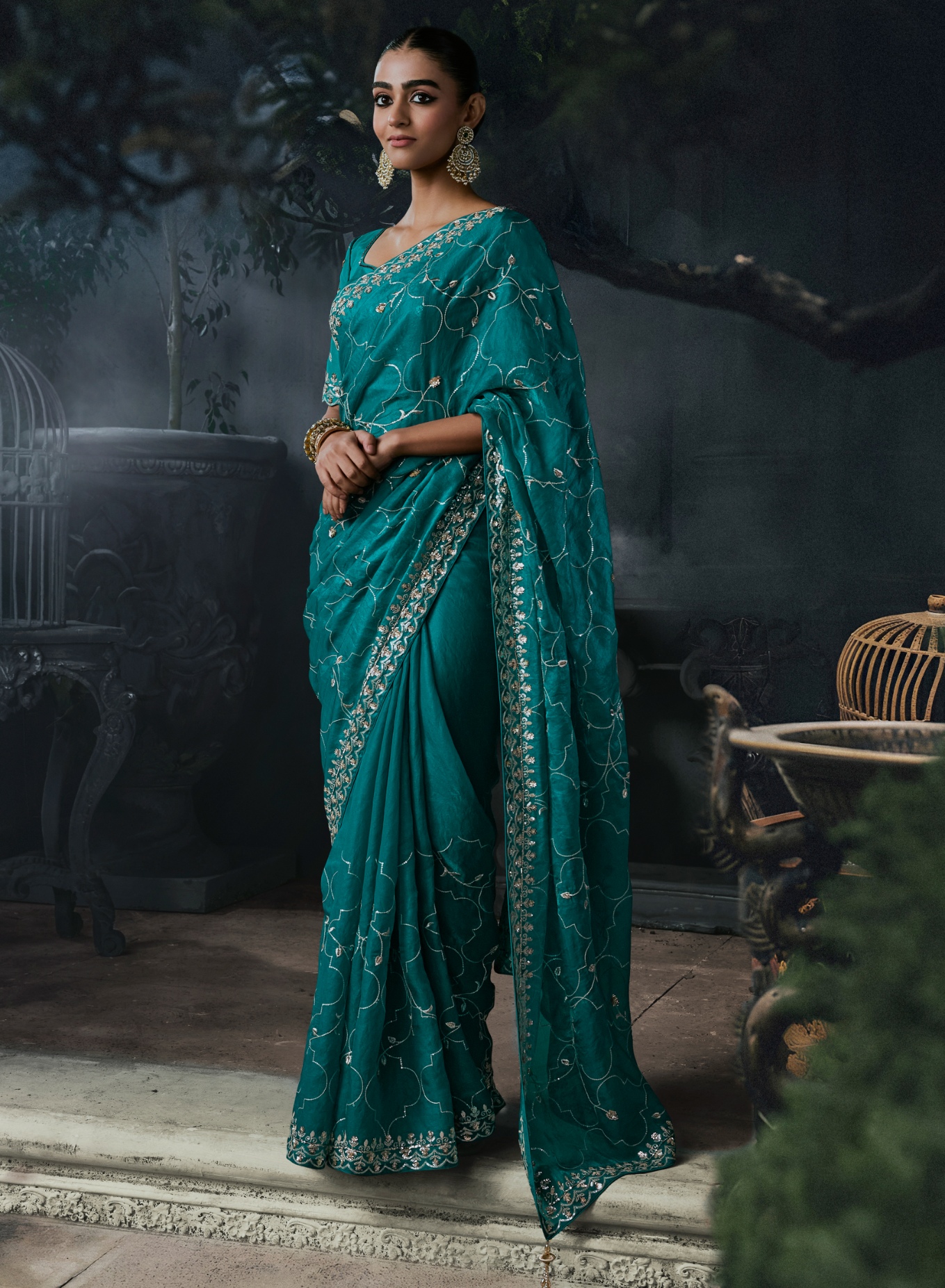 Teal Ombre Heavy Thread Embroidery Tissue Silk Saree