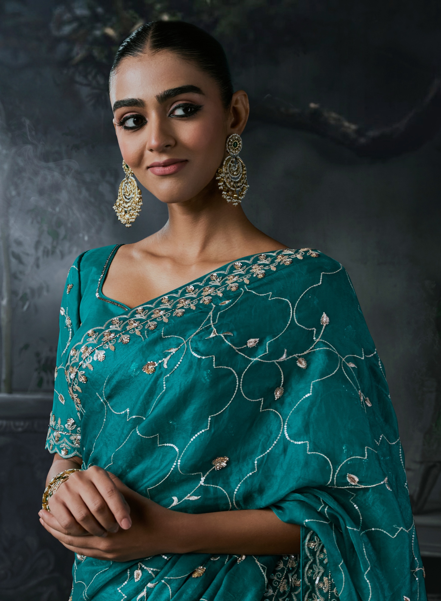 Teal Ombre Heavy Thread Embroidery Tissue Silk Saree — alternate view