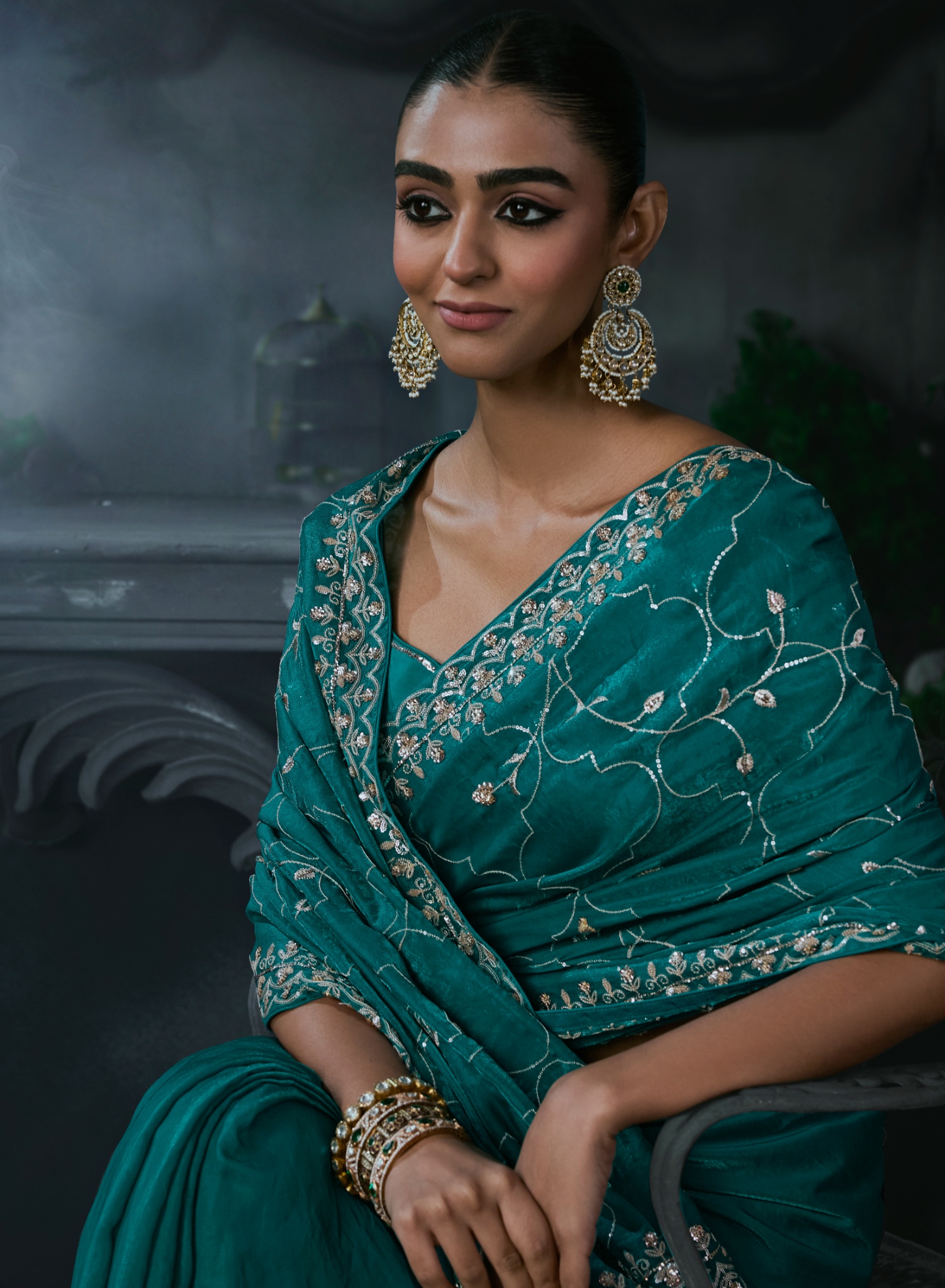Teal Ombre Heavy Thread Embroidery Tissue Silk Saree
