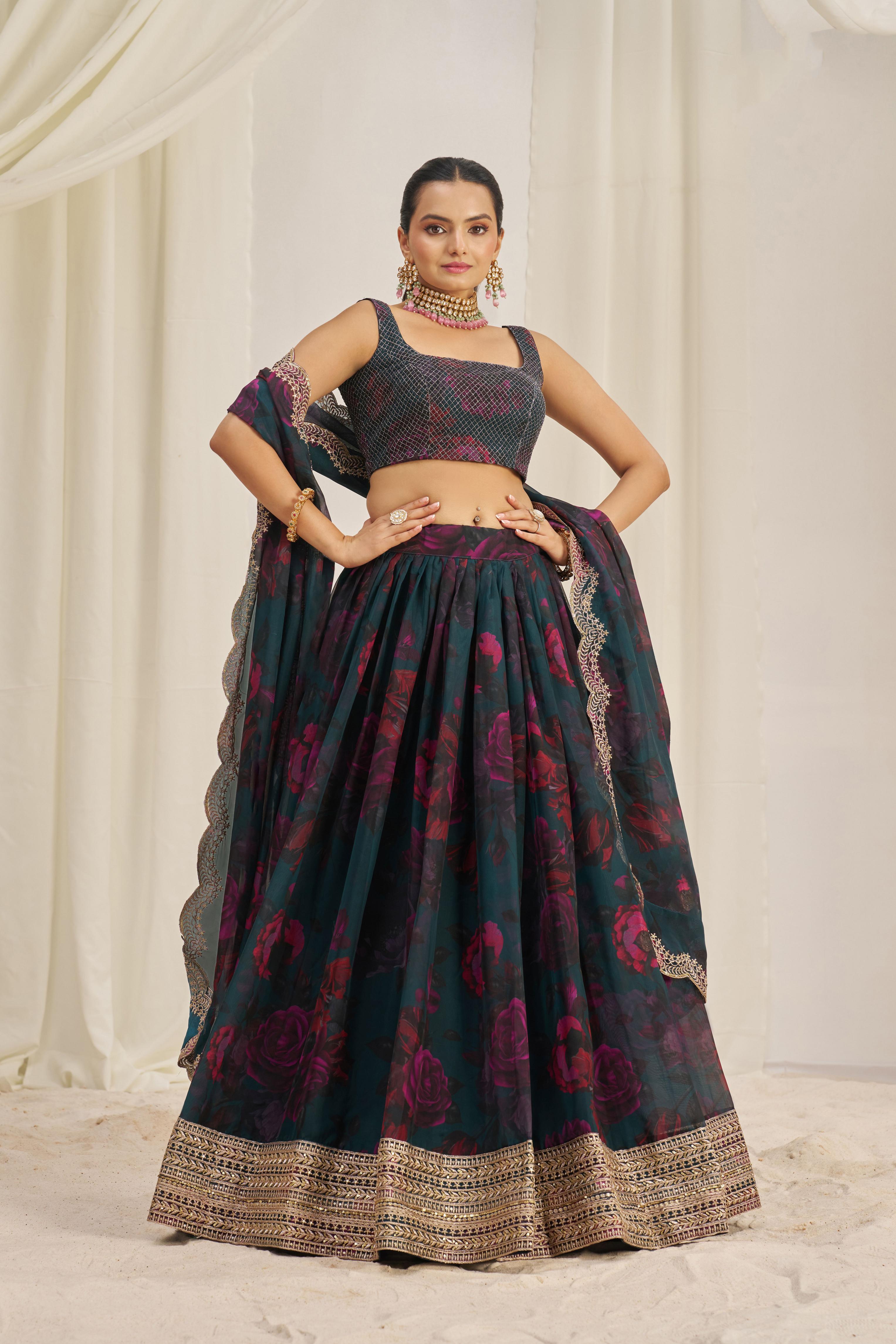 Teal Organza Printed Lehenga