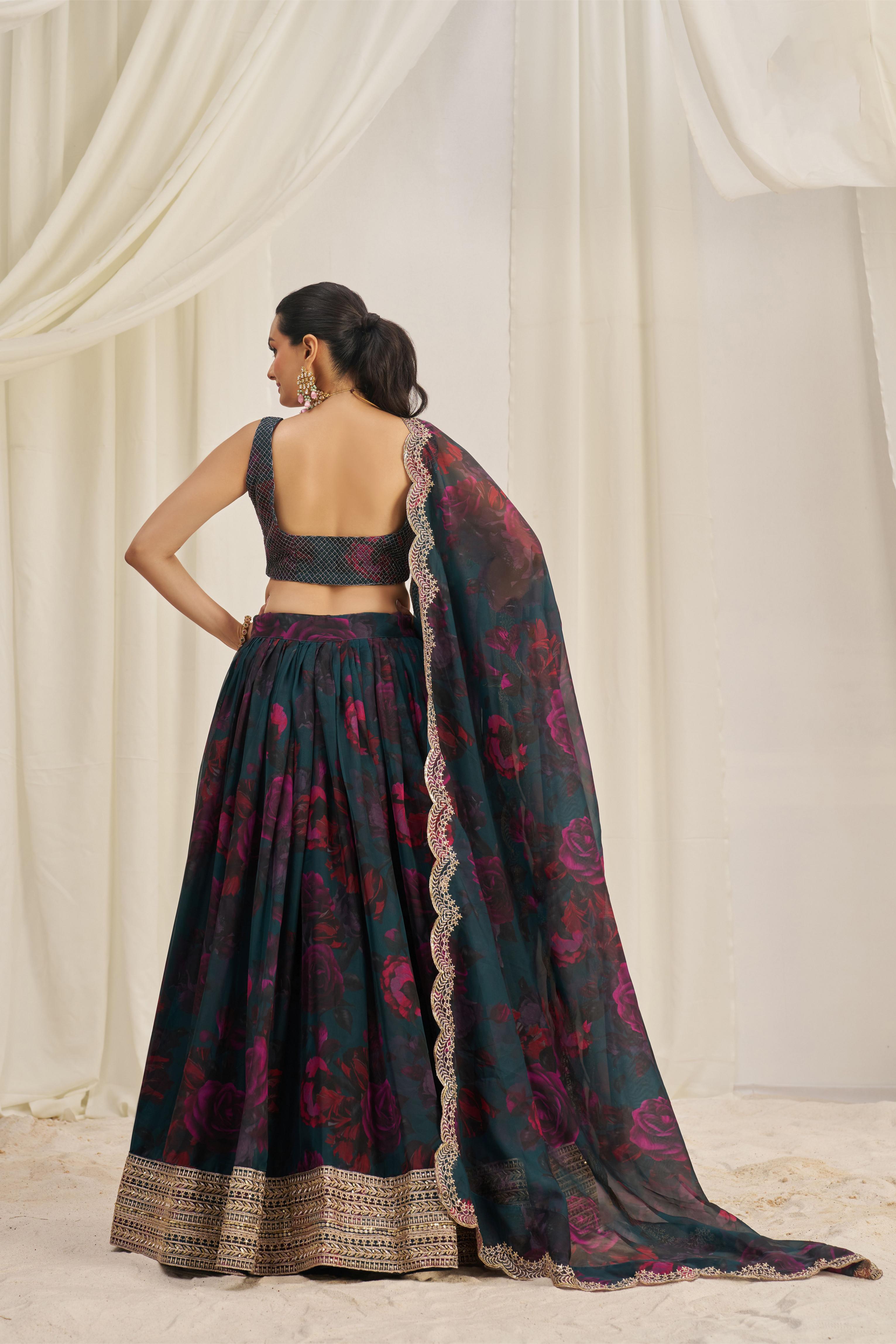 Teal Organza Printed Lehenga — alternate view