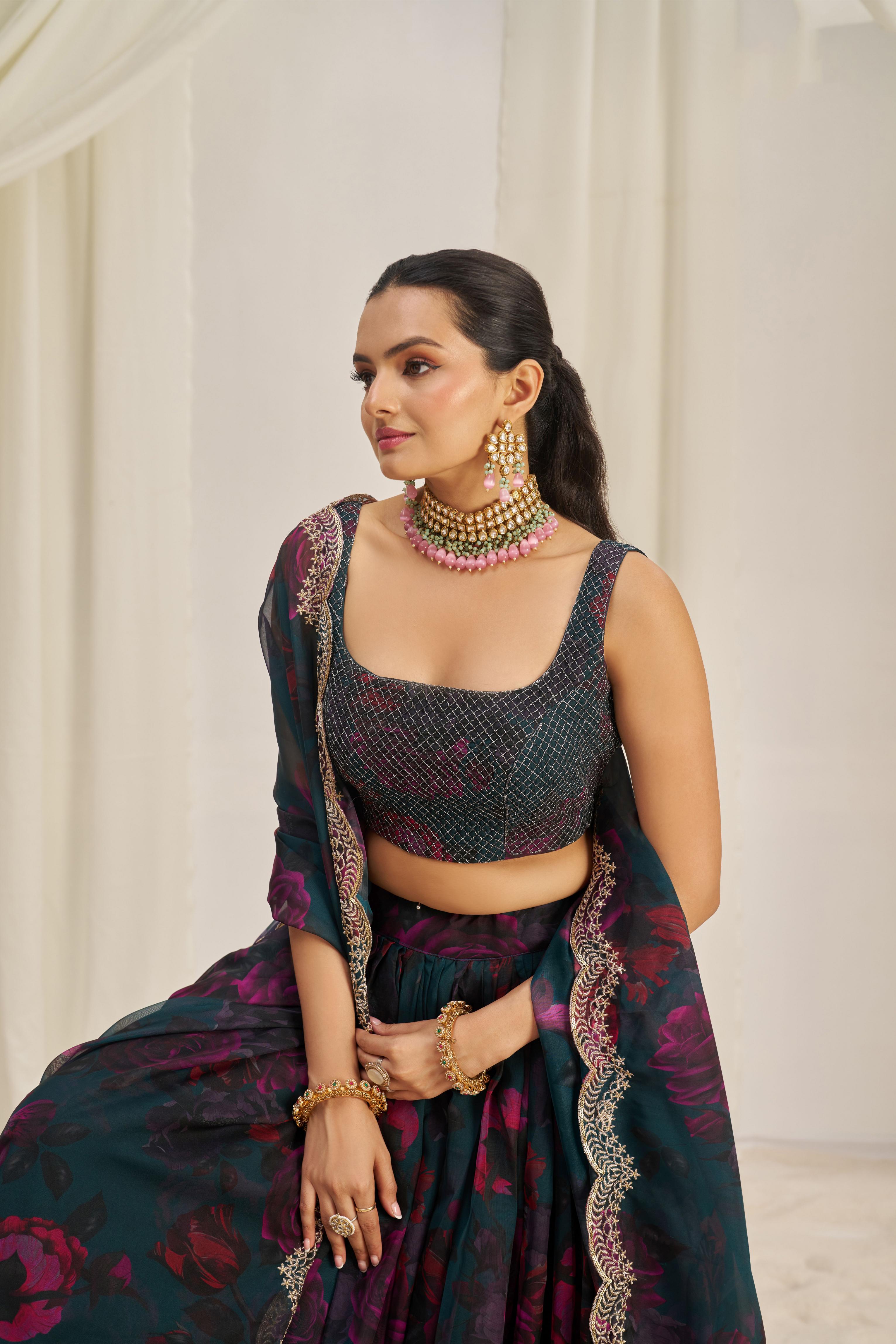 Teal Organza Printed Lehenga