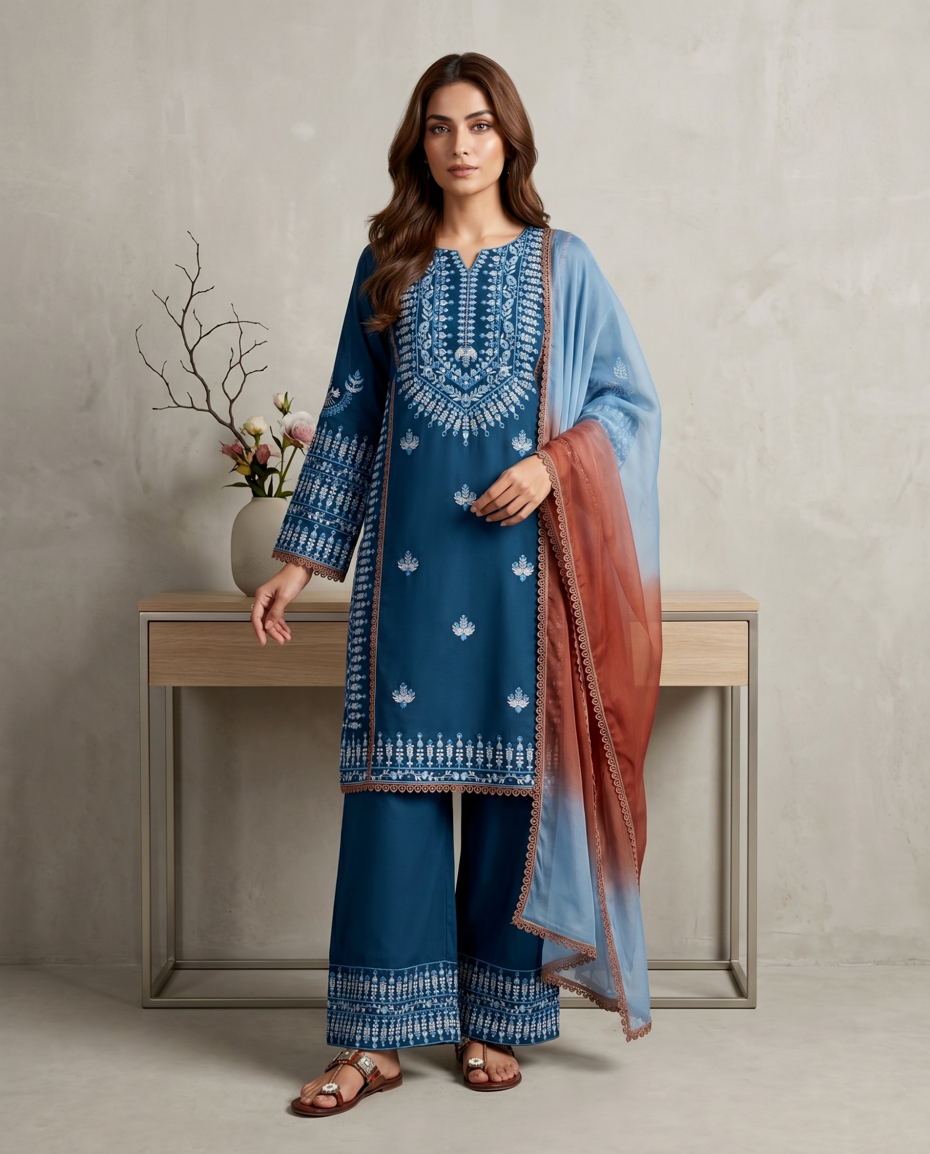 Teal Paisley Embroidery Thread Rayon Cotton Sharara Suit