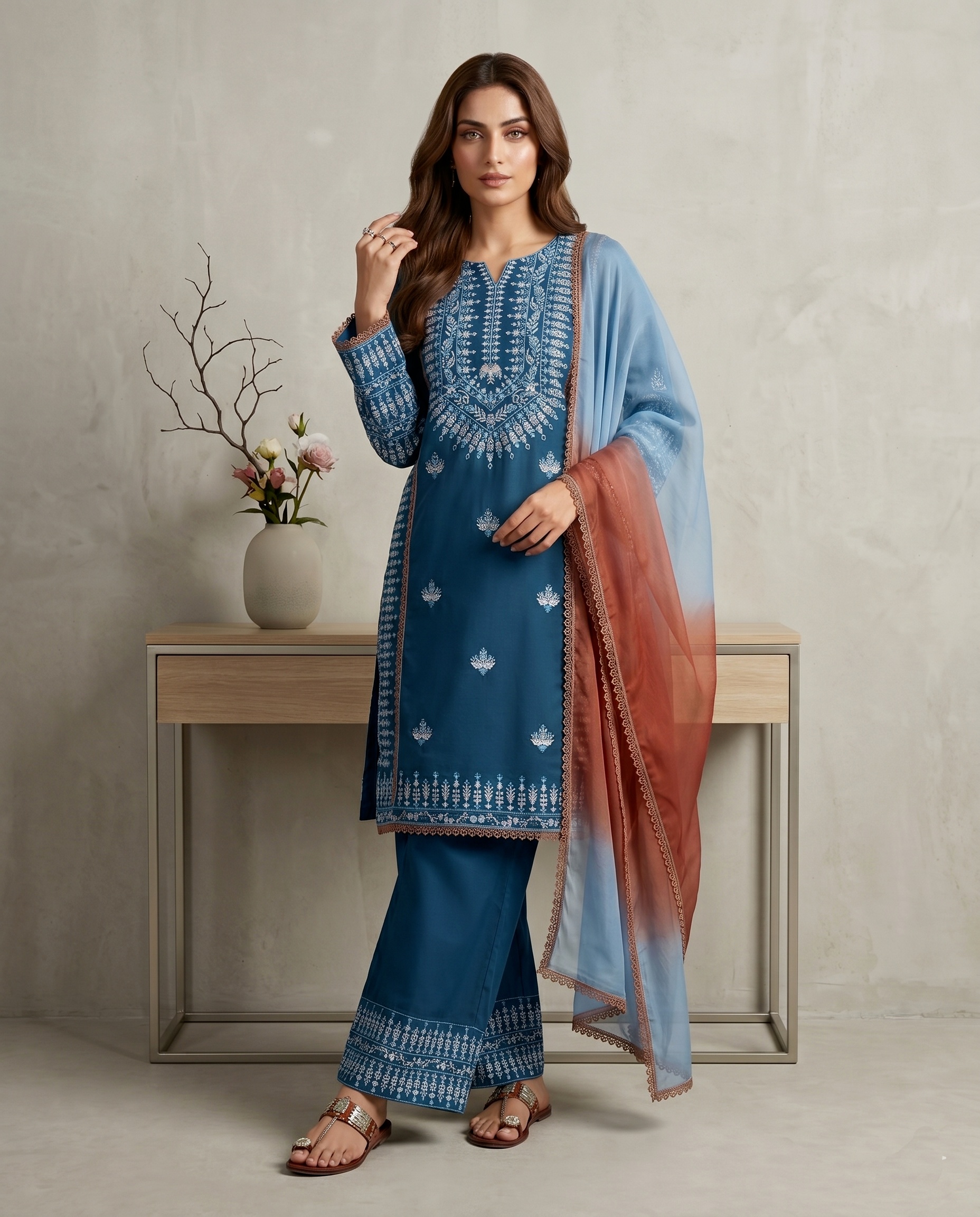 Teal Paisley Embroidery Thread Rayon Cotton Sharara Suit — alternate view