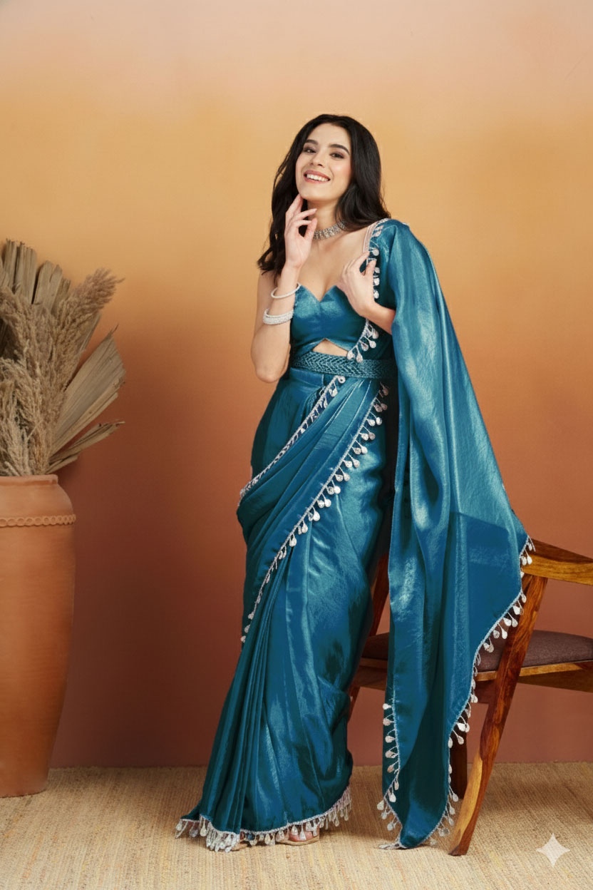Teal Paisley Lace Ready To Wear Saree