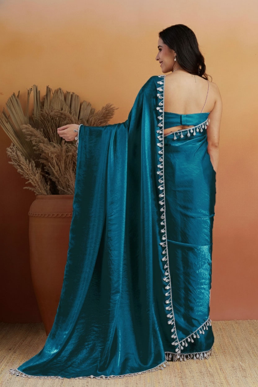 Teal Paisley Lace Ready To Wear Saree — alternate view