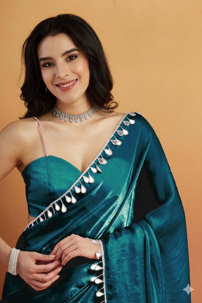 Teal Paisley Lace Ready To Wear Saree