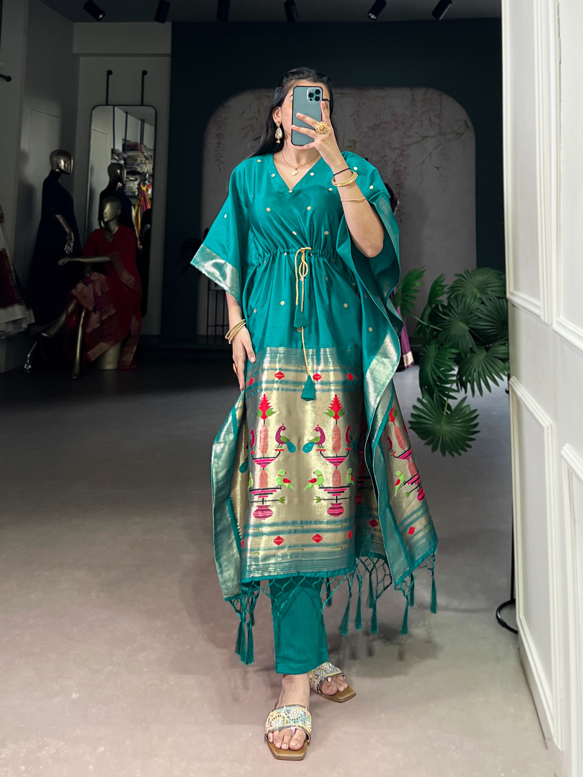 Teal Peacock Border Designer Soft Silk Kaftaan
