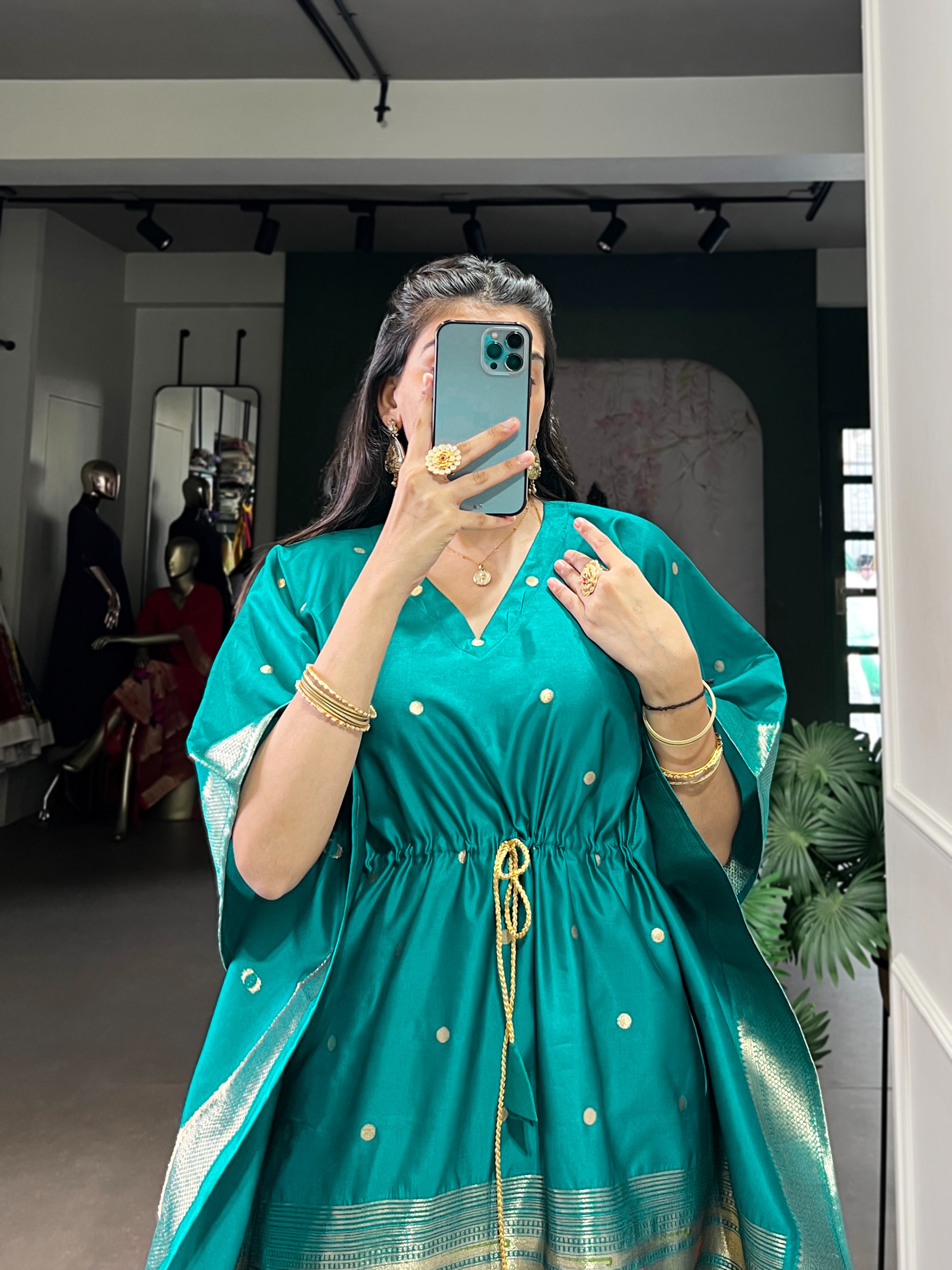 Teal Peacock Border Designer Soft Silk Kaftaan — alternate view