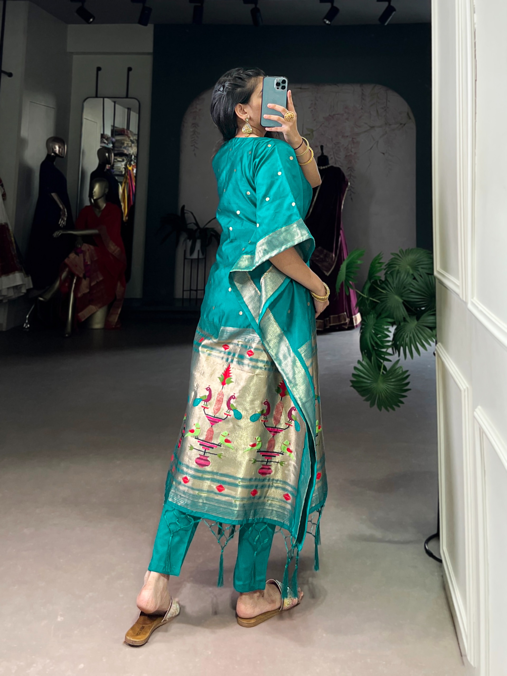 Teal Peacock Border Designer Soft Silk Kaftaan