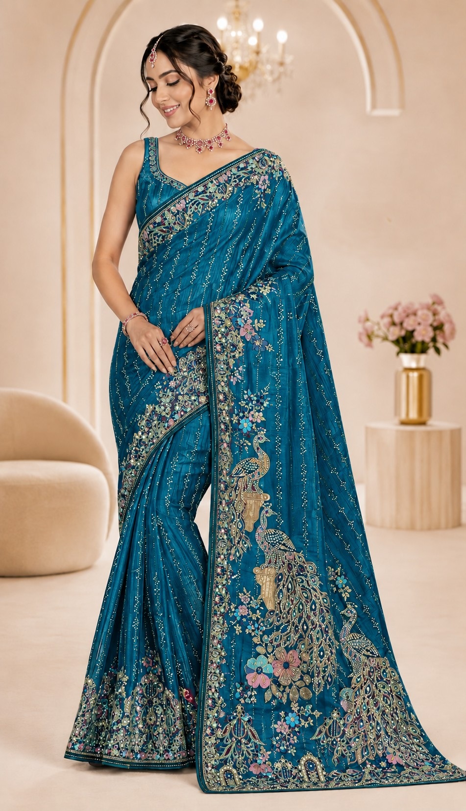 Teal Peacock Woven Work Satin Saree