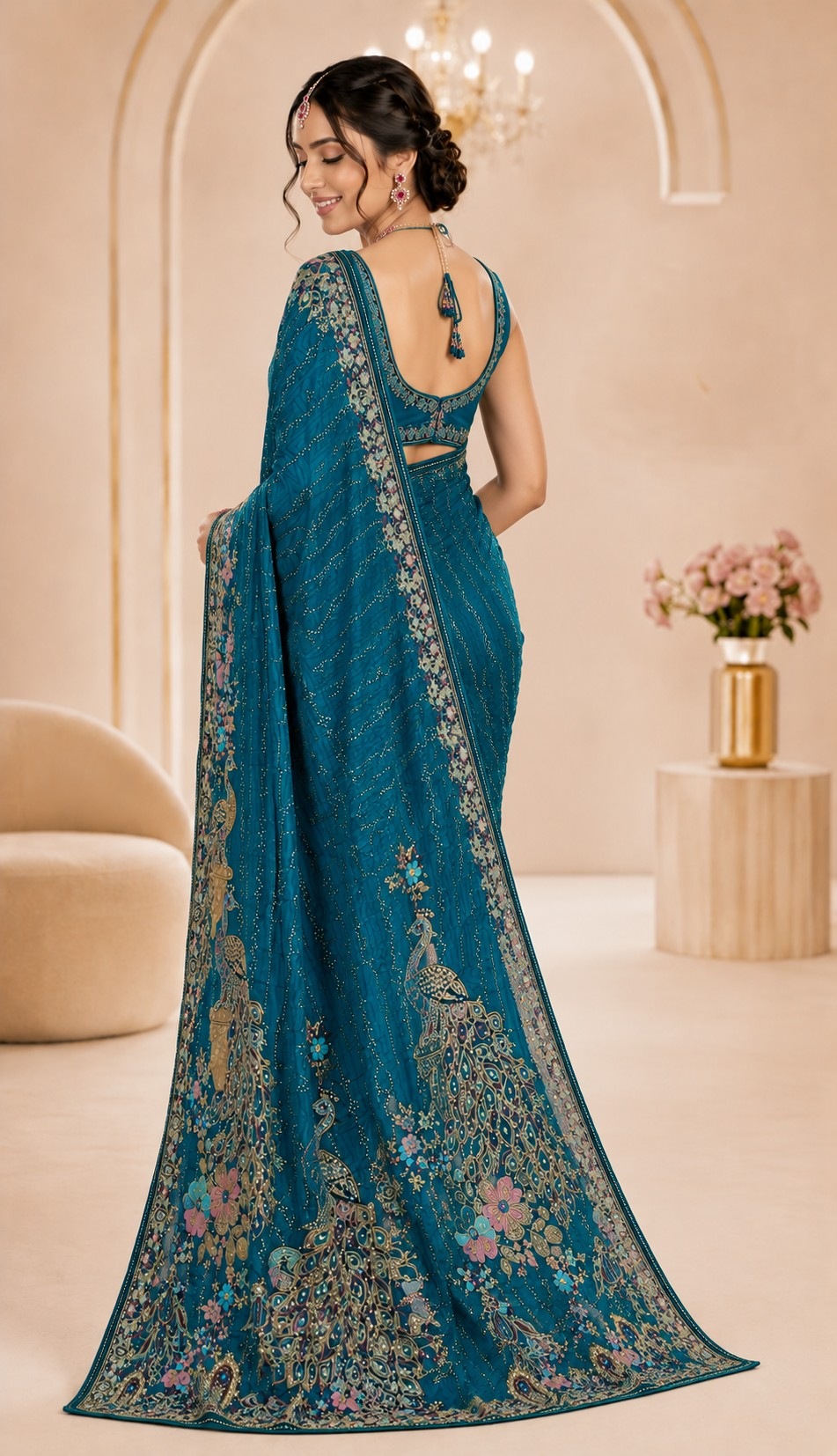 Teal Peacock Woven Work Satin Saree — alternate view